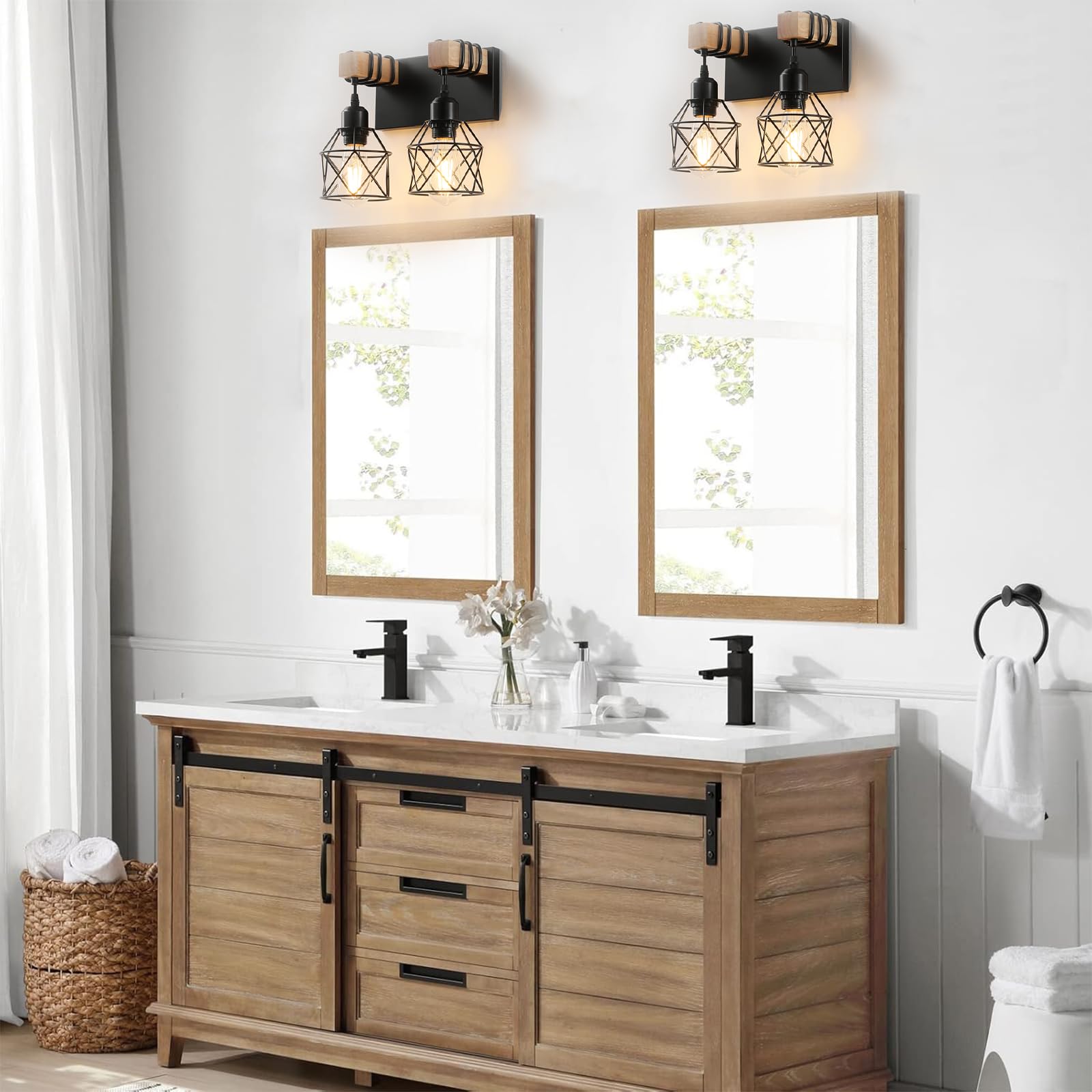 Farmhouse Vanity Light Fixture 2-Light Bathroom Lighting Black Industrial Wood Wall Light Over Mirror With Metal Shade