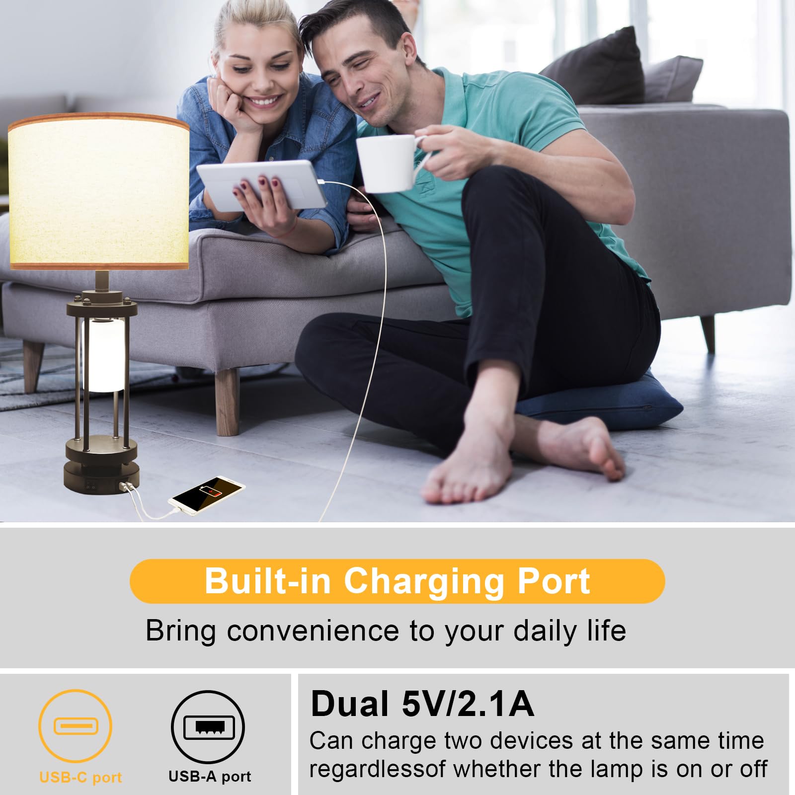 Table Lamps For Living Room, 27'' Tall Lamps Set Of 2 With Usb C+A Charge Ports, Retro Farmhouse Table Lamp For Night Stands, Ru