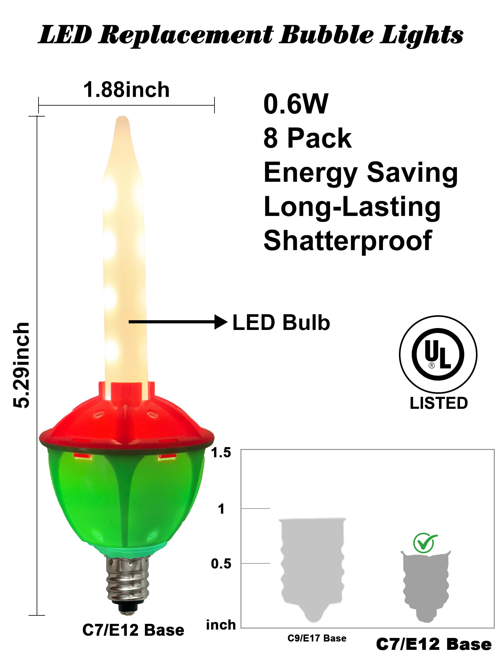 Romasaty 8 Pack Vintage Christmas LED Bubble Lights, C7/E12 Base, Red Green, 0.6 Watts, Plastic Replacement Bulbs for Xmas Tree Decor
