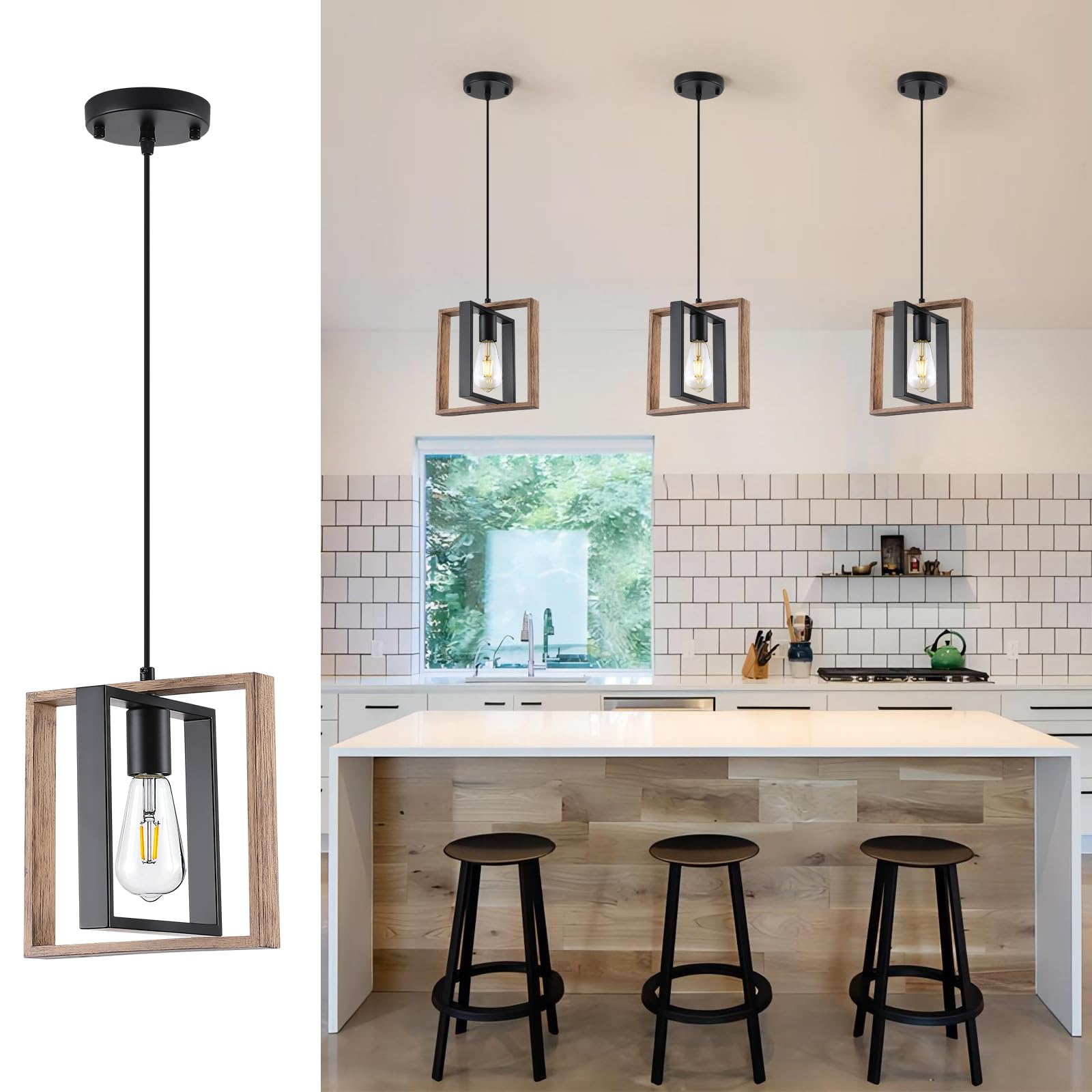 9MMML Industrial Pendant Light, Wood & Metal, 1 Light E26 Fixture, 9.5 inch, Farmhouse Style for Kitchen, Dining Room, Hallway