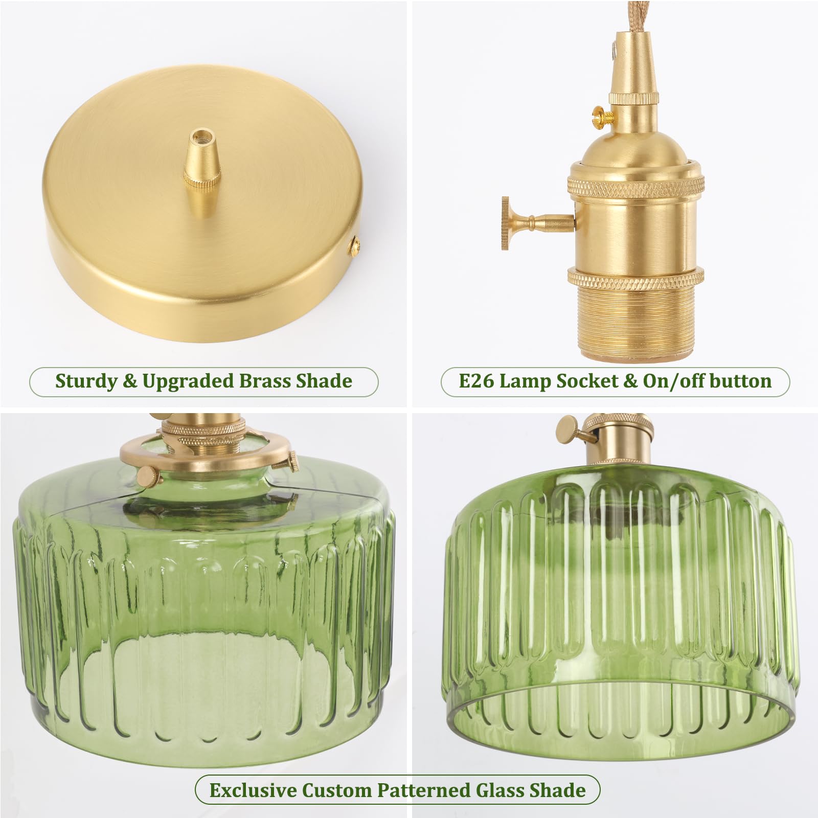 Shenmoyl Pendant Light With Green Striped Glass Lmapshade, Brass Vintage Pendant Light Adjustable Hanging Light For Kitchen Isla