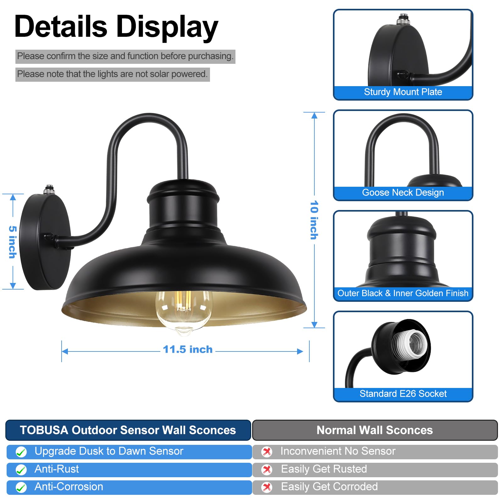 TOBUSA 2-Pack Outdoor Wall Light Fixtures, Waterproof Metal Gooseneck Barn Lights, 11.5in  Black & Golden, Model B11023PP