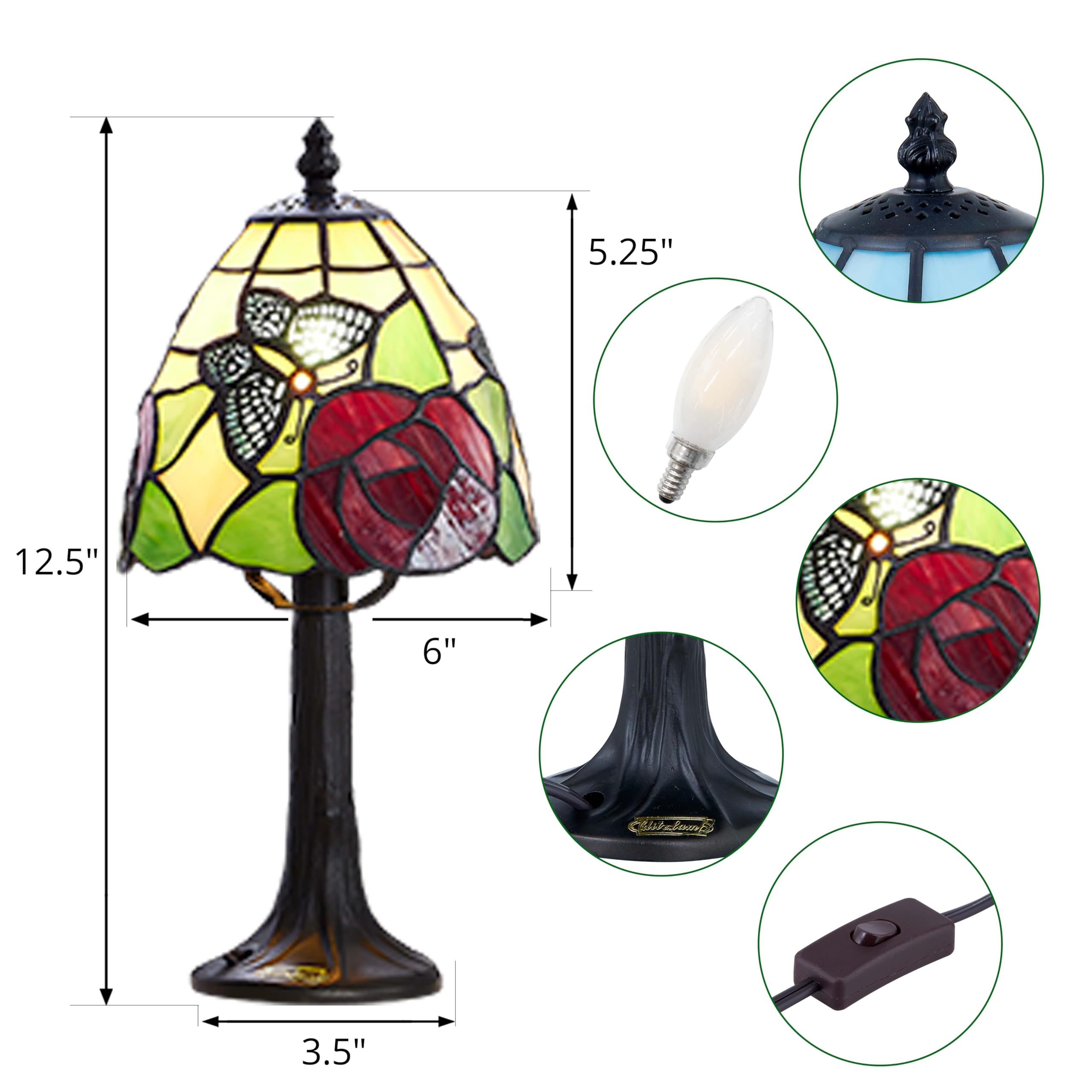 Glitzlamp Butterfly Tiffany Style Stained Glass Table Lamp With 6-Inch Wide Complicated Design Lampshade Resin Base For Living R