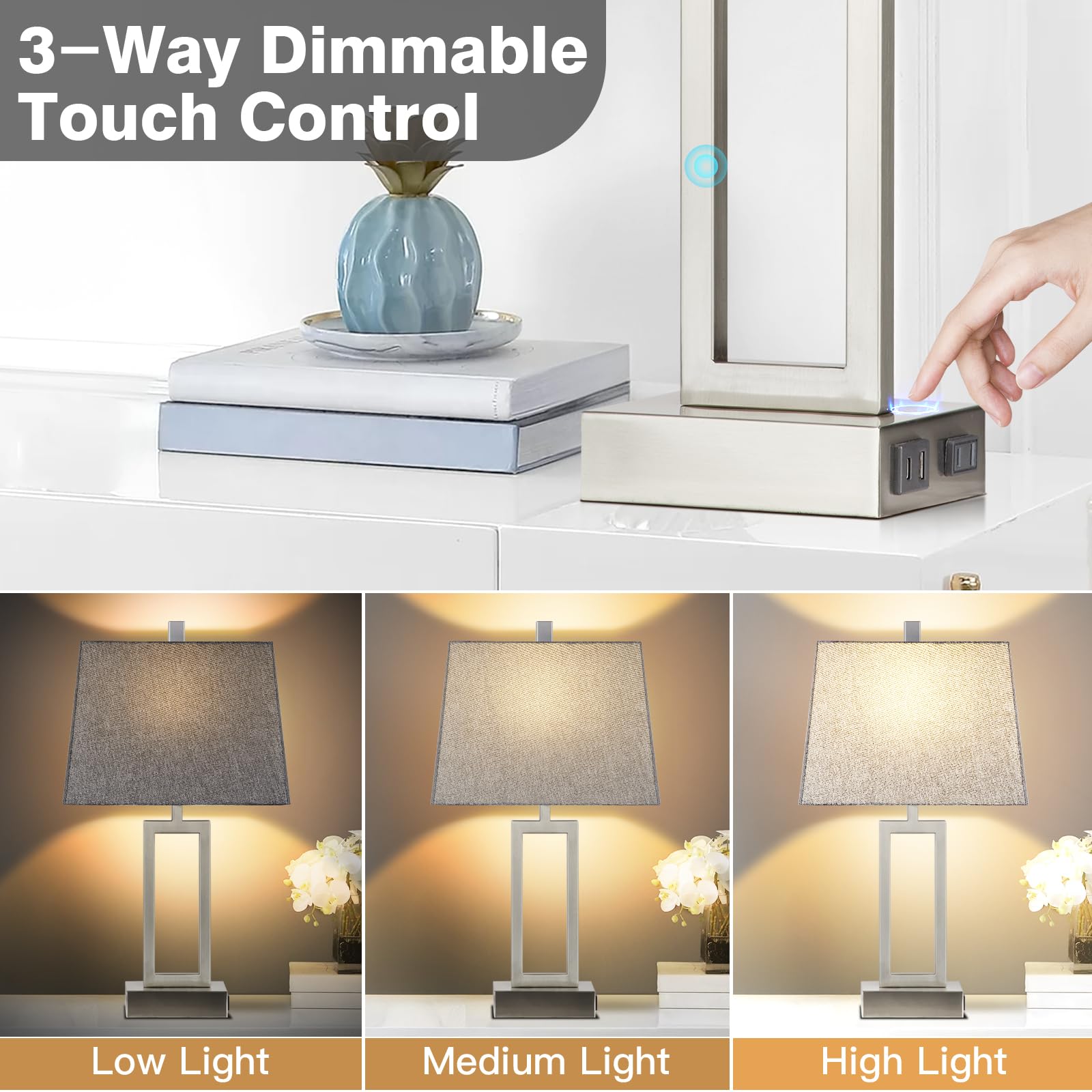 Rinweey Modern Silver Touch Control Table Lamps Set of 2, 3-Way Dimmable, USB A+C Ports, AC Outlet, Large, Durable Metal
