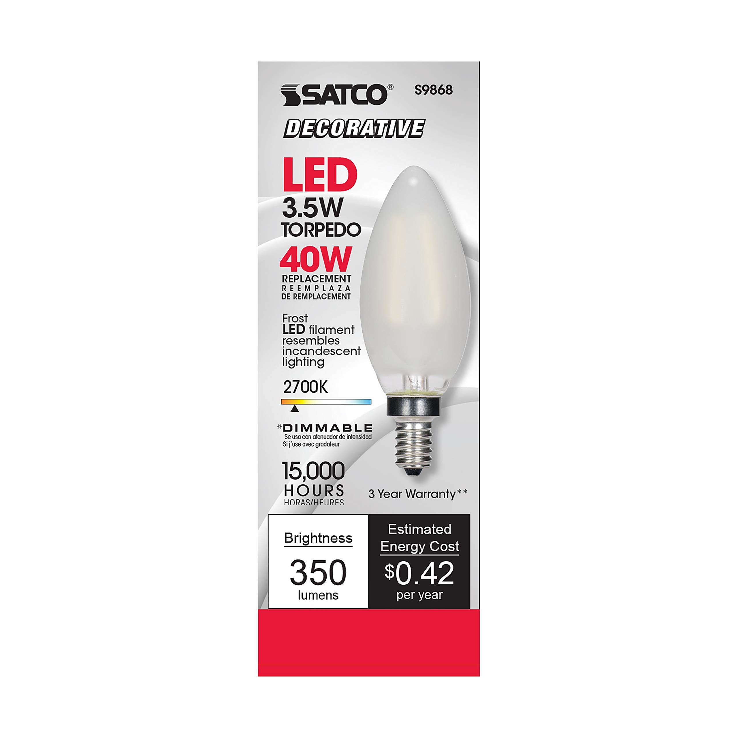 Satco B11 3.5W LED Light Bulb, Frosted, Candelabra Base, 2700K Warm White, 6 Pack