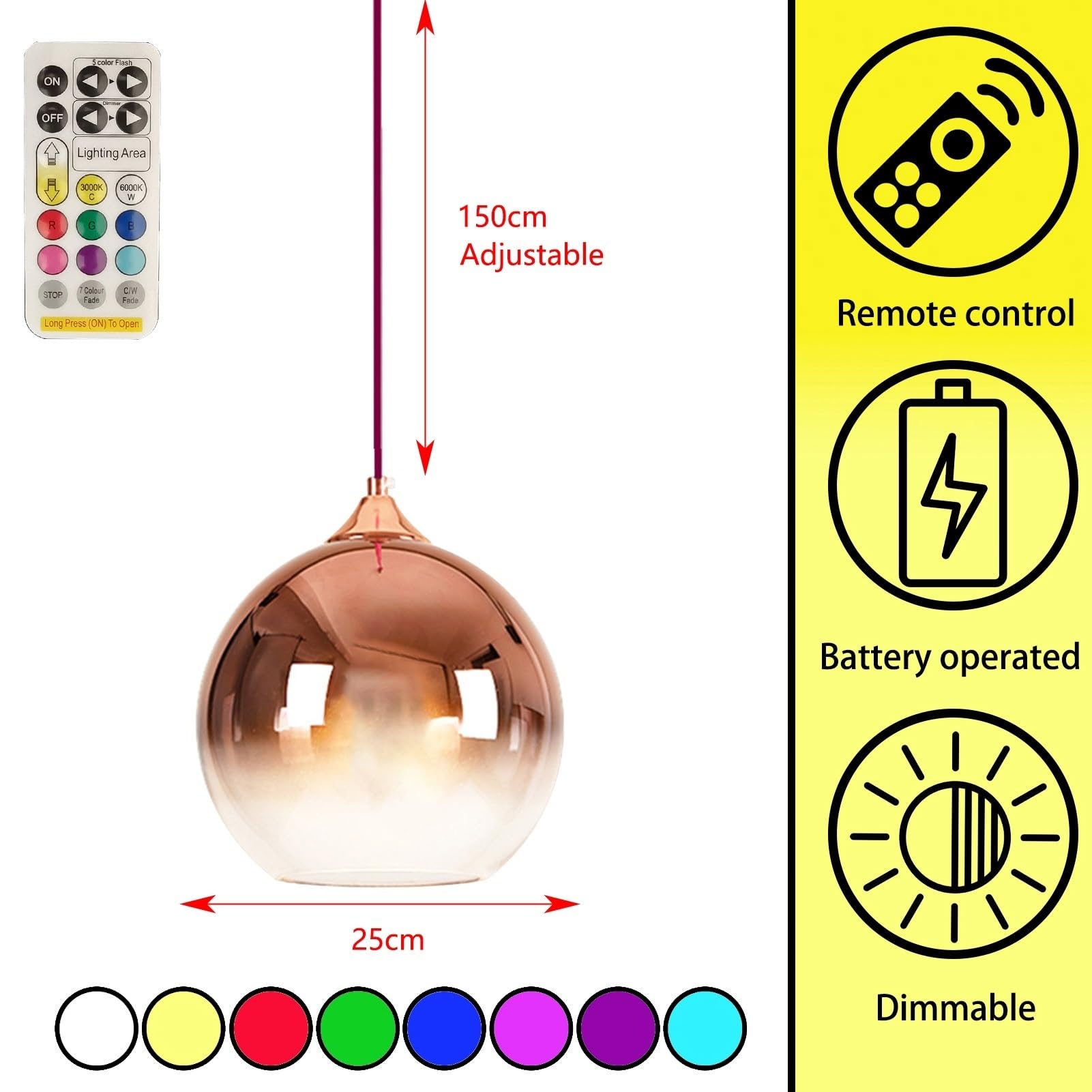 Modern Battery Operated Pendant Light,Battery Ceiling Light with Rechargeable Bulbs Remote Control 9 Colors Modes Dimmable Kitch