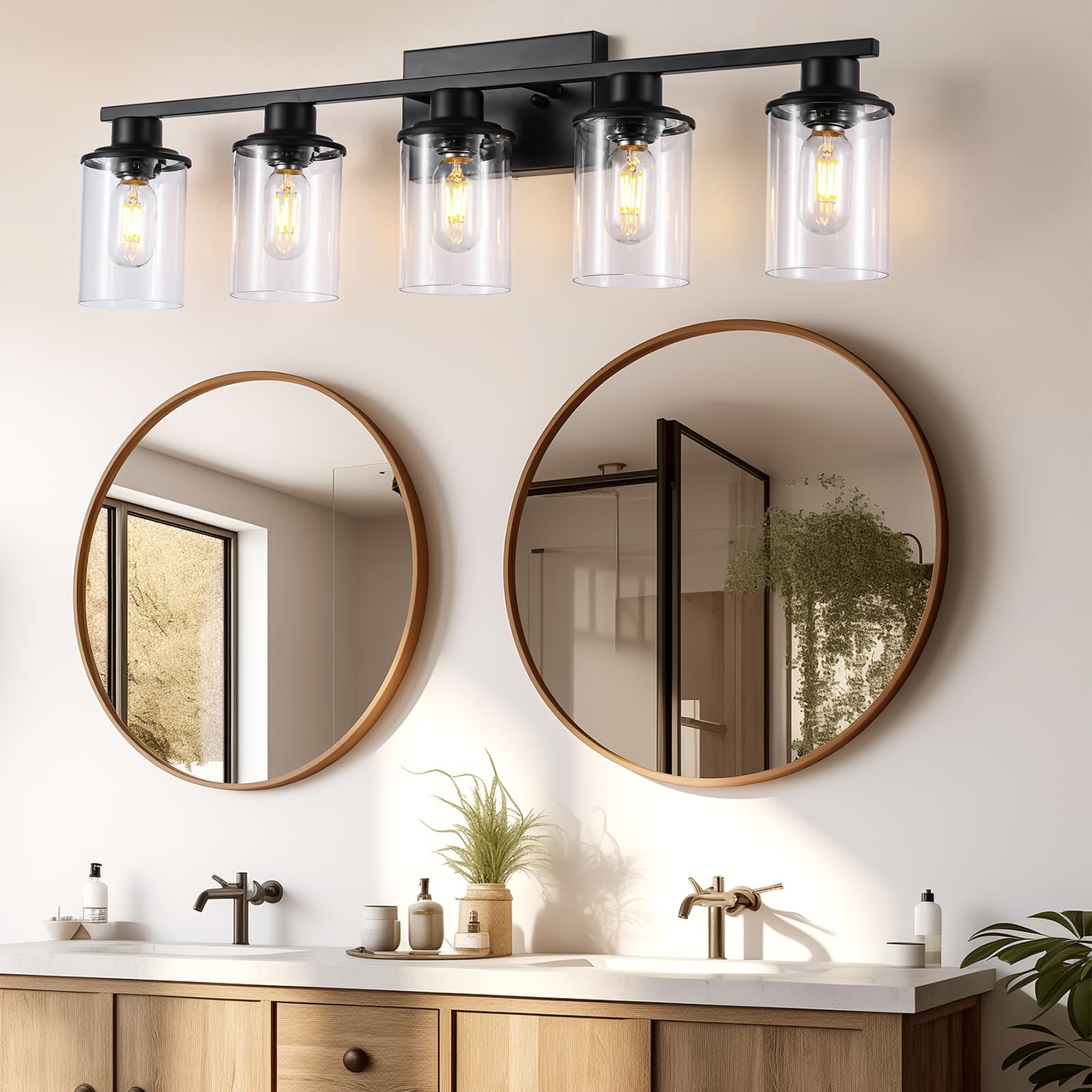 LOUSACE 5 Light Bathroom Vanity Light, Matte Black Metal Fixture with Clear Glass Shade, Model 21-5-BL