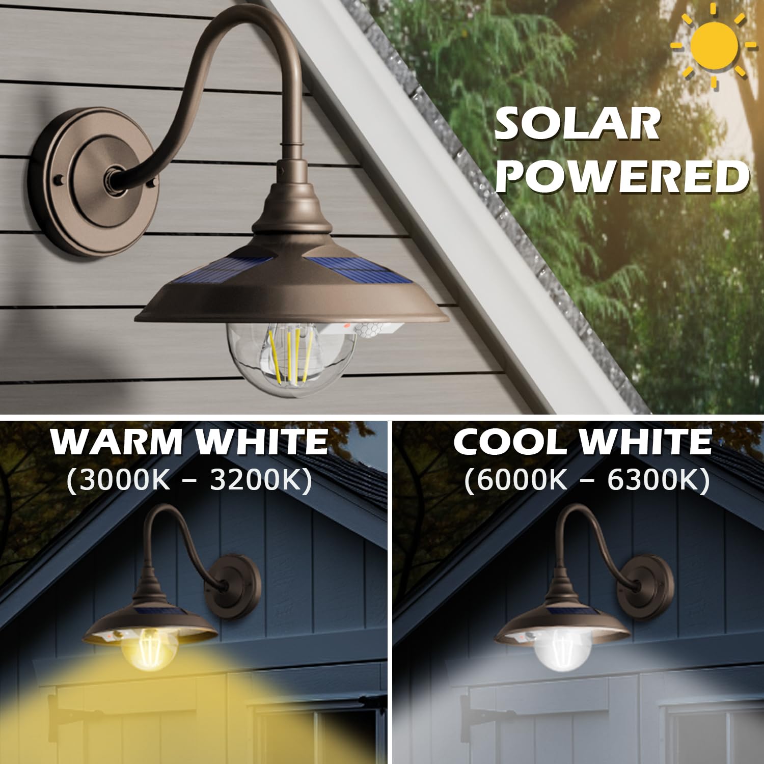 Siedinlar Solar Barn Light Outdoor 3 Modes 2 Lighting  Aluminum Vintage Farmhouse Gooseneck Wall Light Waterproof With Remote & Motion Sensor For Barn Garage Shed Chicken Coop Dark Bronze (2 Pack)