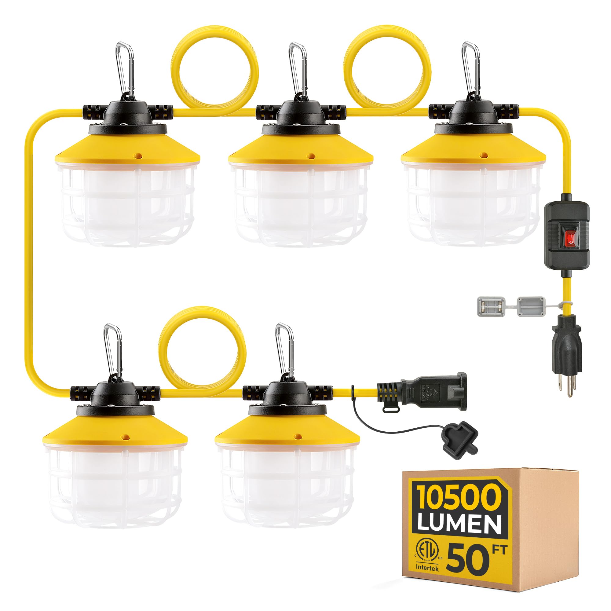 Outdoor Construction Led String Lights With Switch: 3 Prong 50Ft 75W 10500Lm Etl Certified Super Bright Temporary Lighting Hanging Ip65 Waterproof Work Light For Attic Jobsite Garage