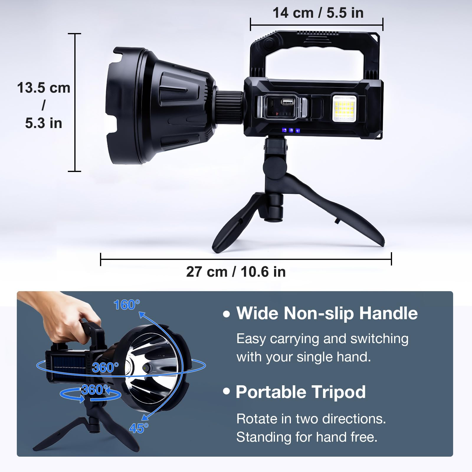 Solar Rechargeable Spotlight, 2,000,000 Lumens Led Spot Lights Outdoor Handheld Super Bright Long Range Flashlight With 6 Modes,