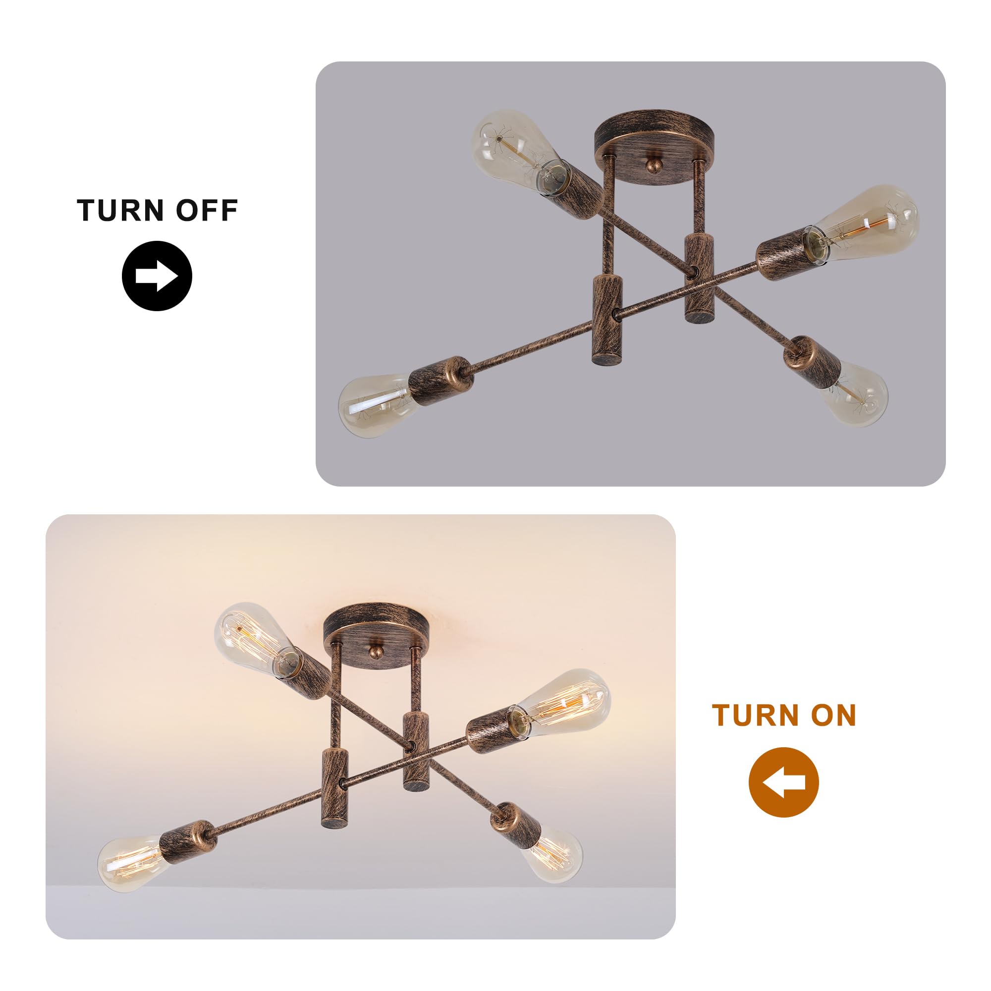 Garwarm 4-Light Semi Flush Mount Ceiling Light Fixture Farmhouse Sputnik Ceiling Light Vintage Modern Bronze Sputnik Chandelier