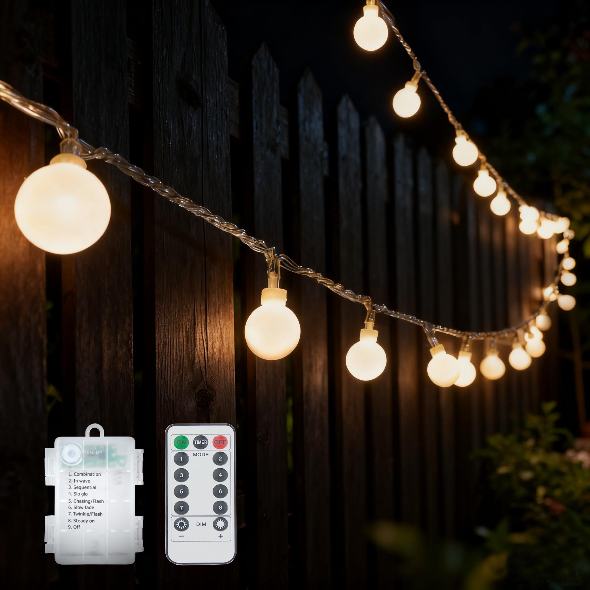 100 LED Battery Operated Remote Control Rainproof Globe String Lights, 8 Modes & Timer, Dimmable Fairy Lights for Indoor/Outdoor