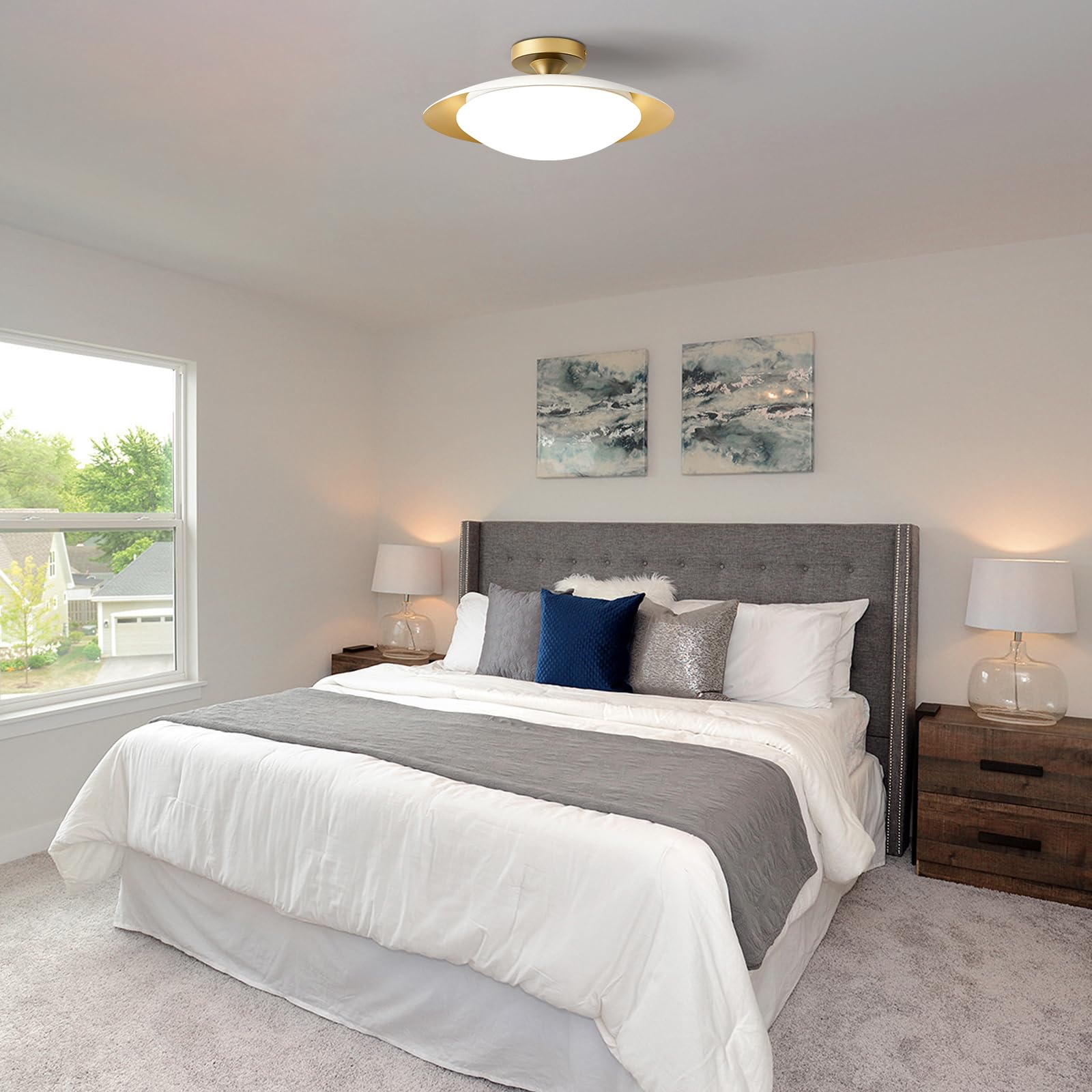 Zuyurt Dimmable Mid Century Modern Ceiling Light 5Cct Led White And Gold Semi Flush Mount Ceiling Lighting  For Kitchen Bedroom Hallway Bathroom 2700K-6000K 15.75 In