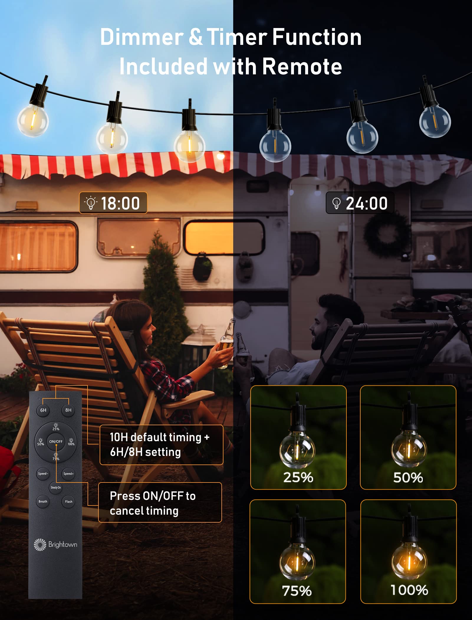 Brightown 58FT Solar String Lights with Remote, 26 Shatterproof LED Bulbs, Black Wire, Perfect for Outdoor Parties and Decor