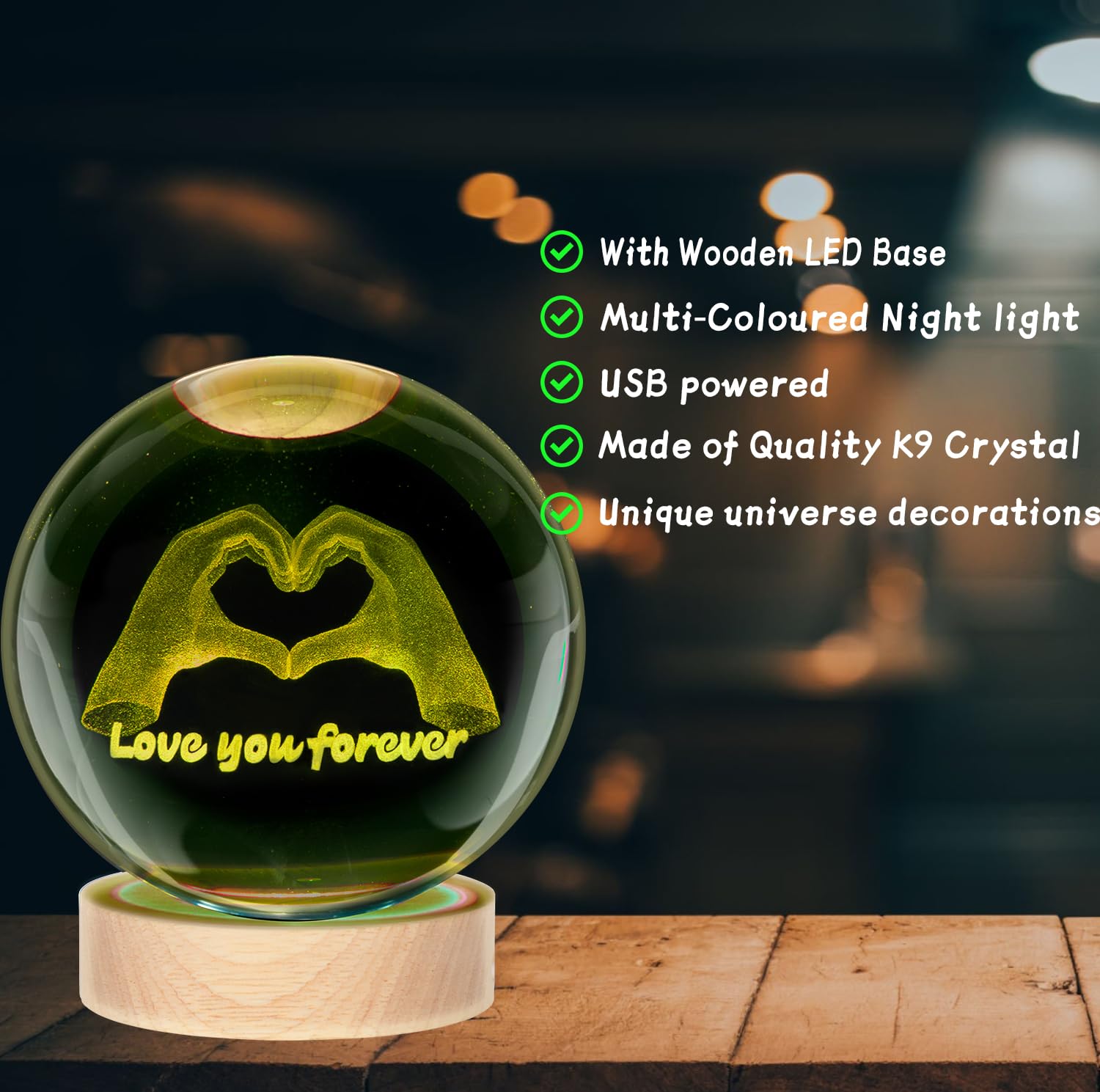 CULDETHA Crystal Ball Lamp, 3.15-inch Heart-Shaped Night Light, K9 Glass, Multicolor Hearts2, Decorative Bedroom Gift