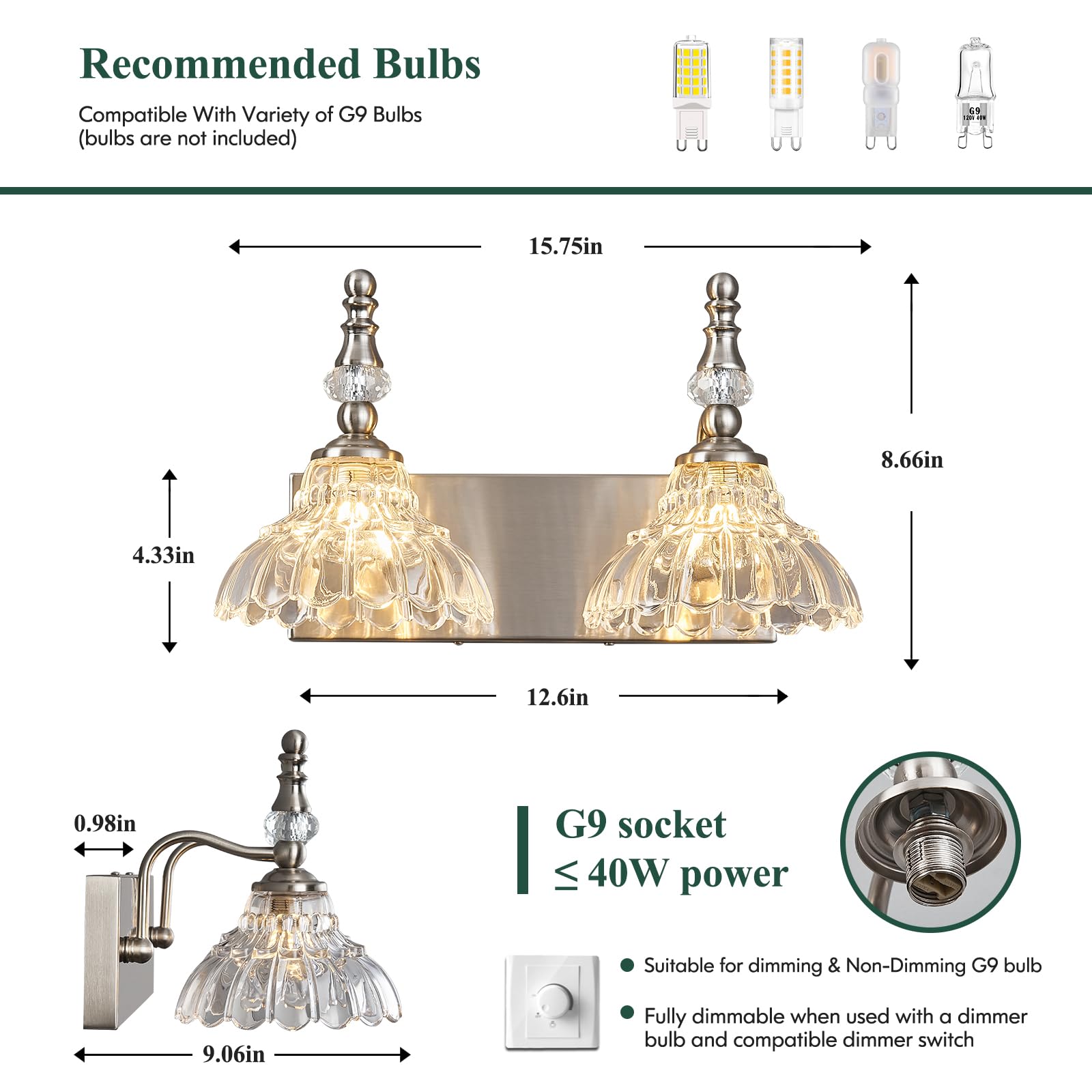Lbsqj Vintage Bathroom Vanity Light  2-Light Brushed Nickel Vanity Lighting Fixture With Flower Glass Shade  Bathroom Lighting Fixtures Over Mirror