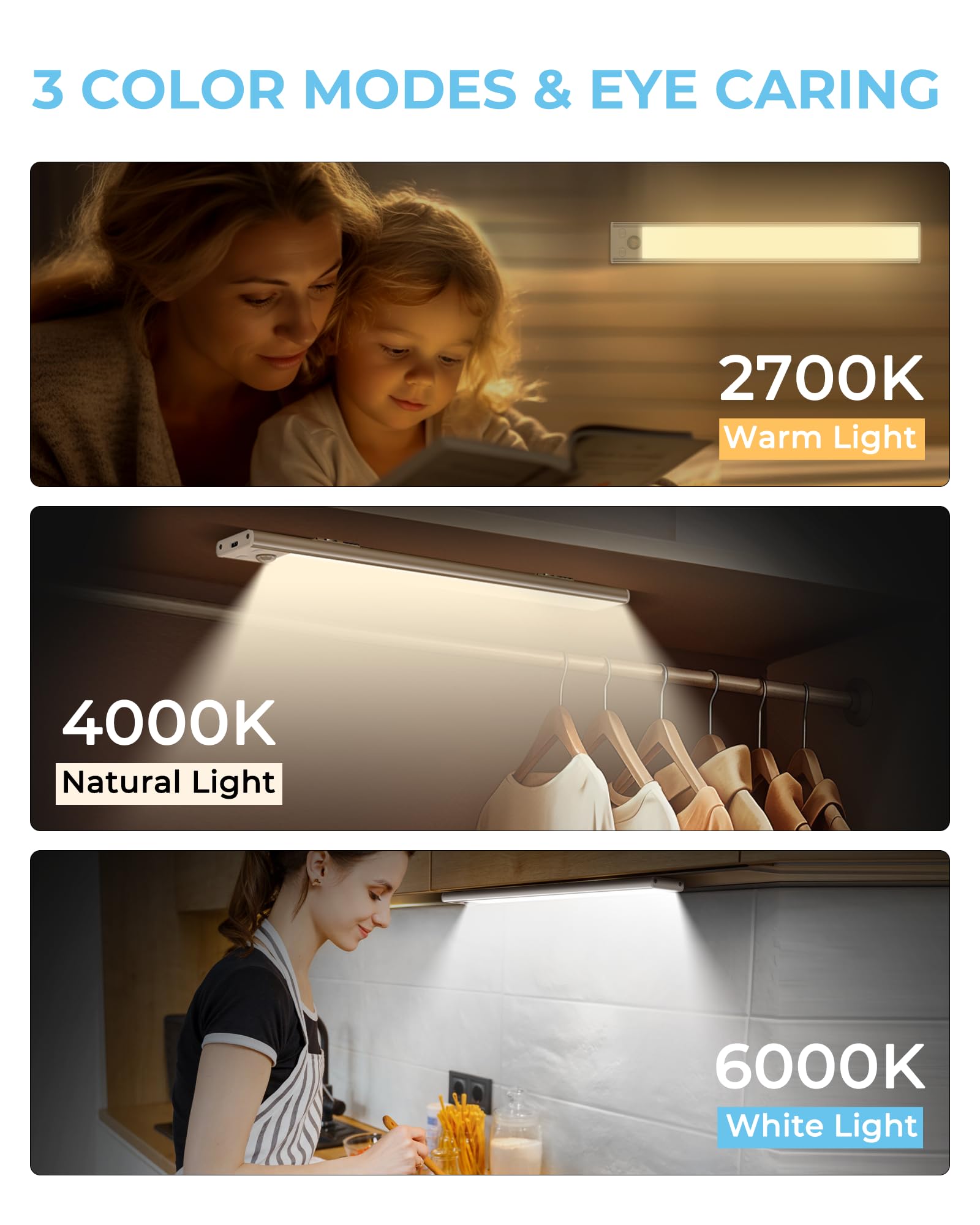 ASOKO Under Cabinet Lights Motion Sensor LED 3 Colors 12in Aluminum 3 Pack - Rechargeable Battery Operated Closet Lighting