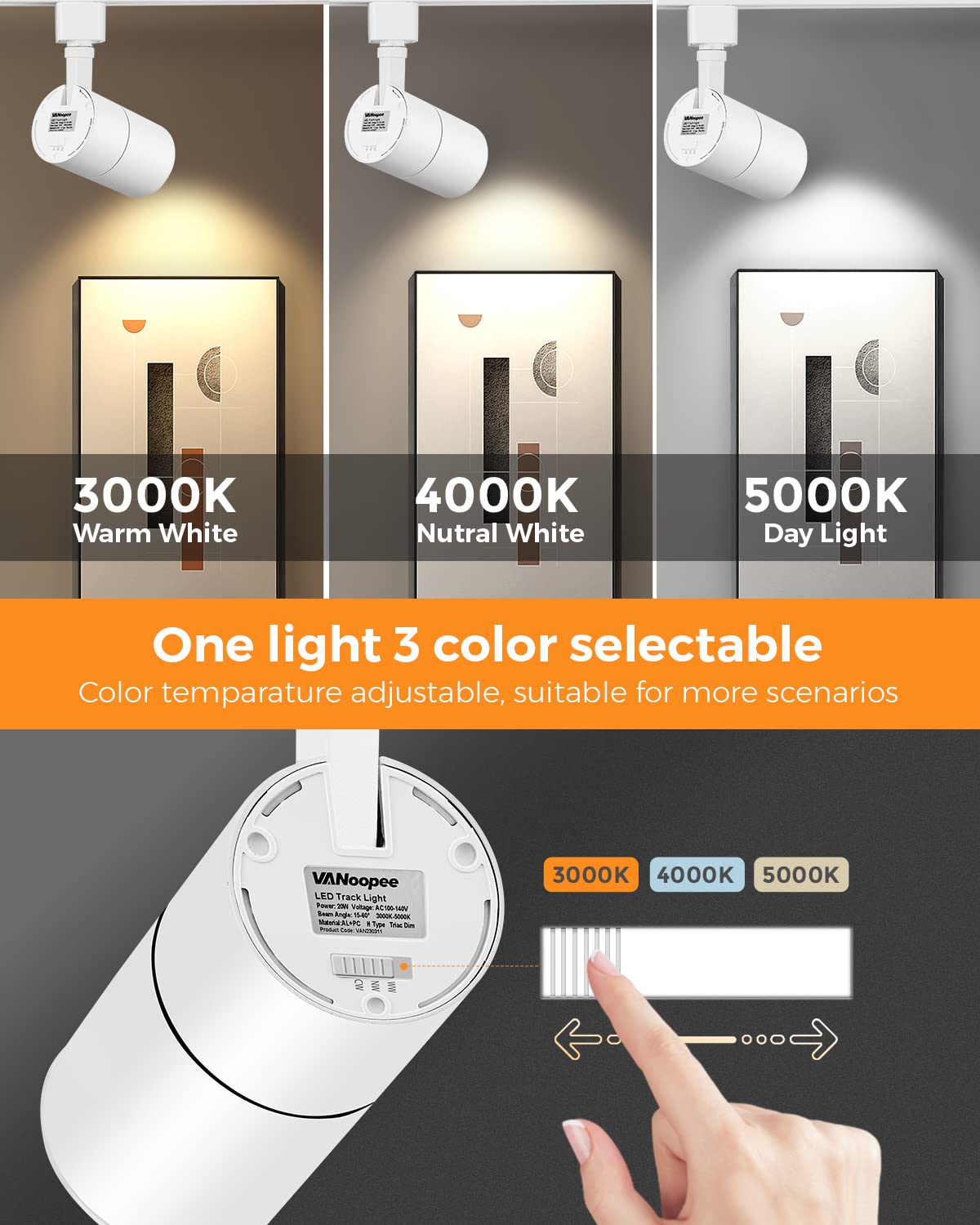 Vanoopee 20W Dimmable Led Track Lighting Heads, 3000K-5000K, 6 Pack,