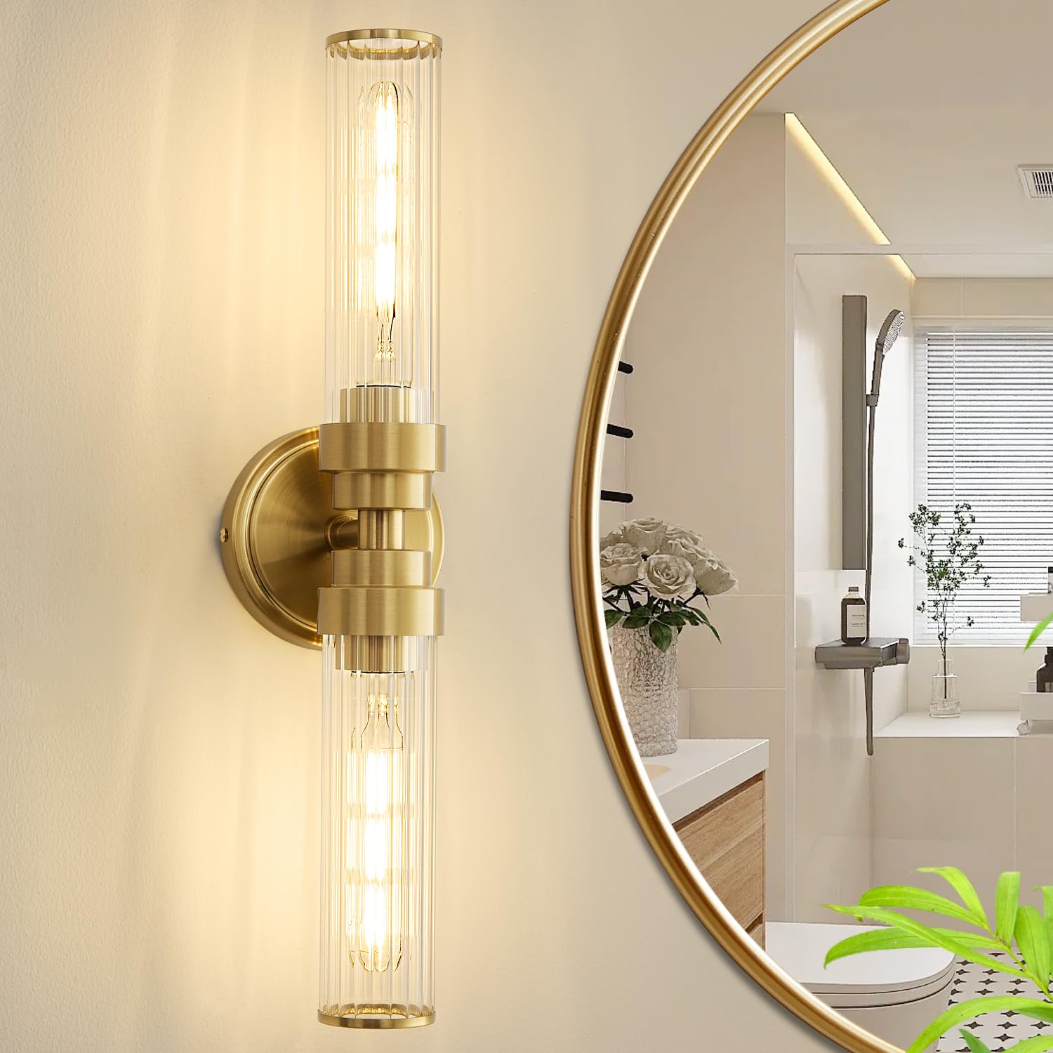 Vaziden Bathroom Light Fixtures  Gold Wall Sconce In Threaded Glass Indoor Vanity Lights  Modern Bathroom Vanity Light Up And Down Sconces Wall Lighting For Bathroom  Living Room - Bulb Not Included