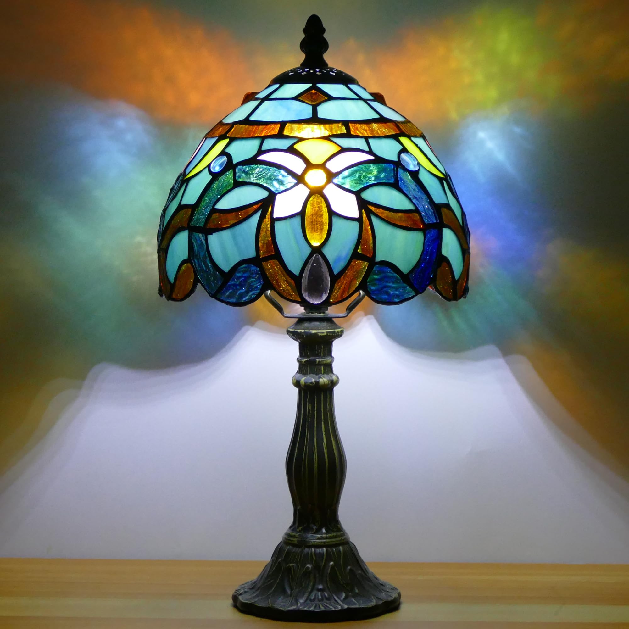 WFAYNTIFL Small Tiffany Lamp Mini Stained Glass Table Lamp Bedside Accent Lamp Memory Sympathy 8X14.5 Inch (Sea Blue Baroque)