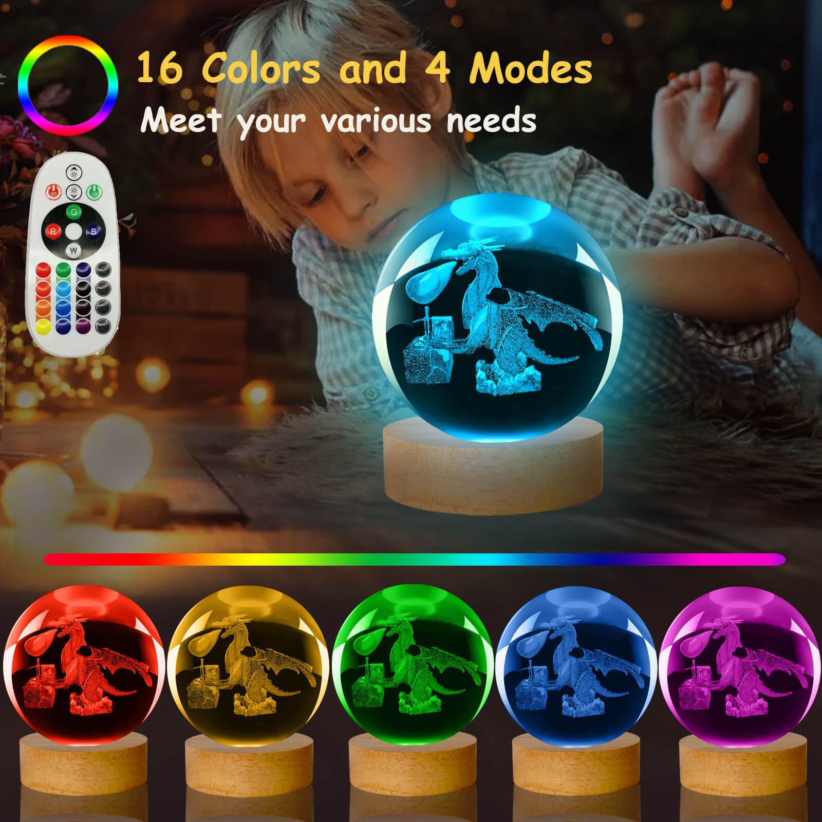 LINSINA 3D Dragon Lamp, 16 Colors Crystal Ball Night Light, Wooden Base, Remote Control, Model lamp-01, Color Dragon Treasure