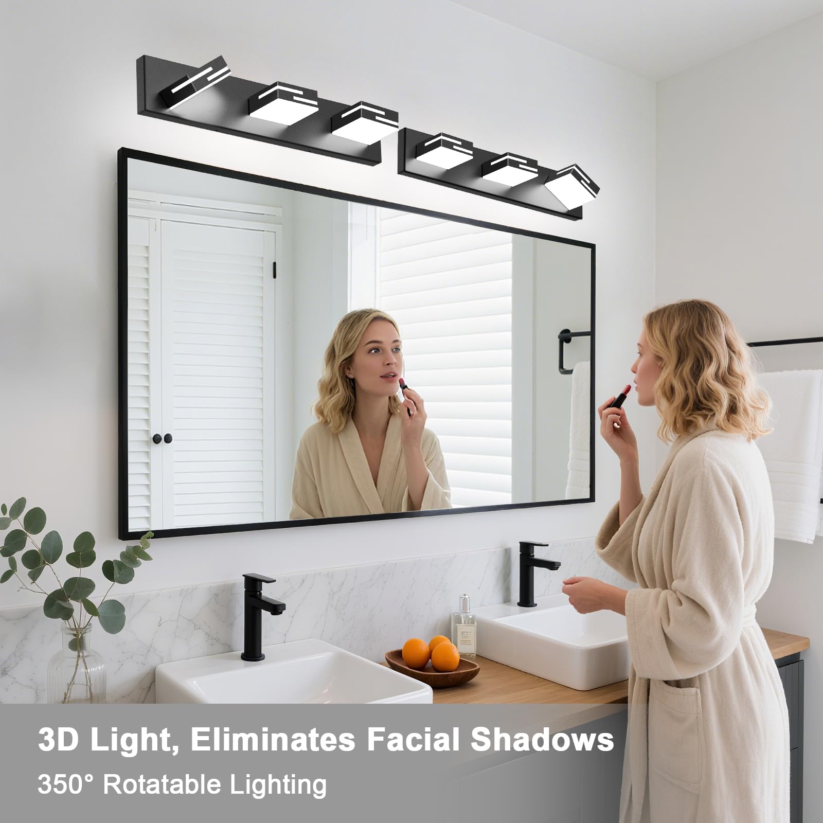 LKHF 3-Light LED Bathroom Vanity Light, Dimmable Matte Black, 22-inch, 350° Rotatable Acrylic Heads, Cool White 6000K