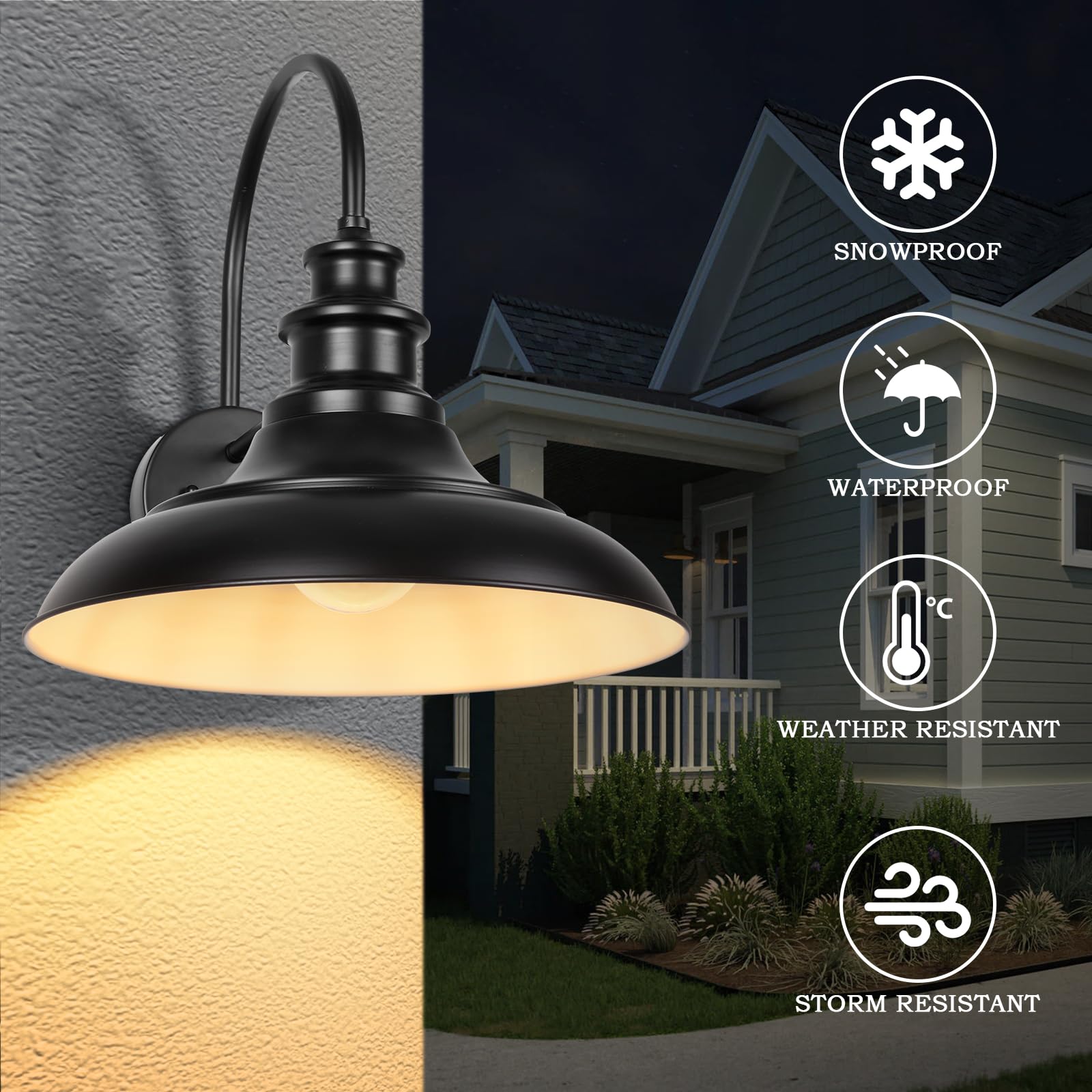 Diyel Outdoor Barn Light Fixture, 12.3 Inch Gooseneck Wall Sconce, Iron, Black White, Model RZ004-4