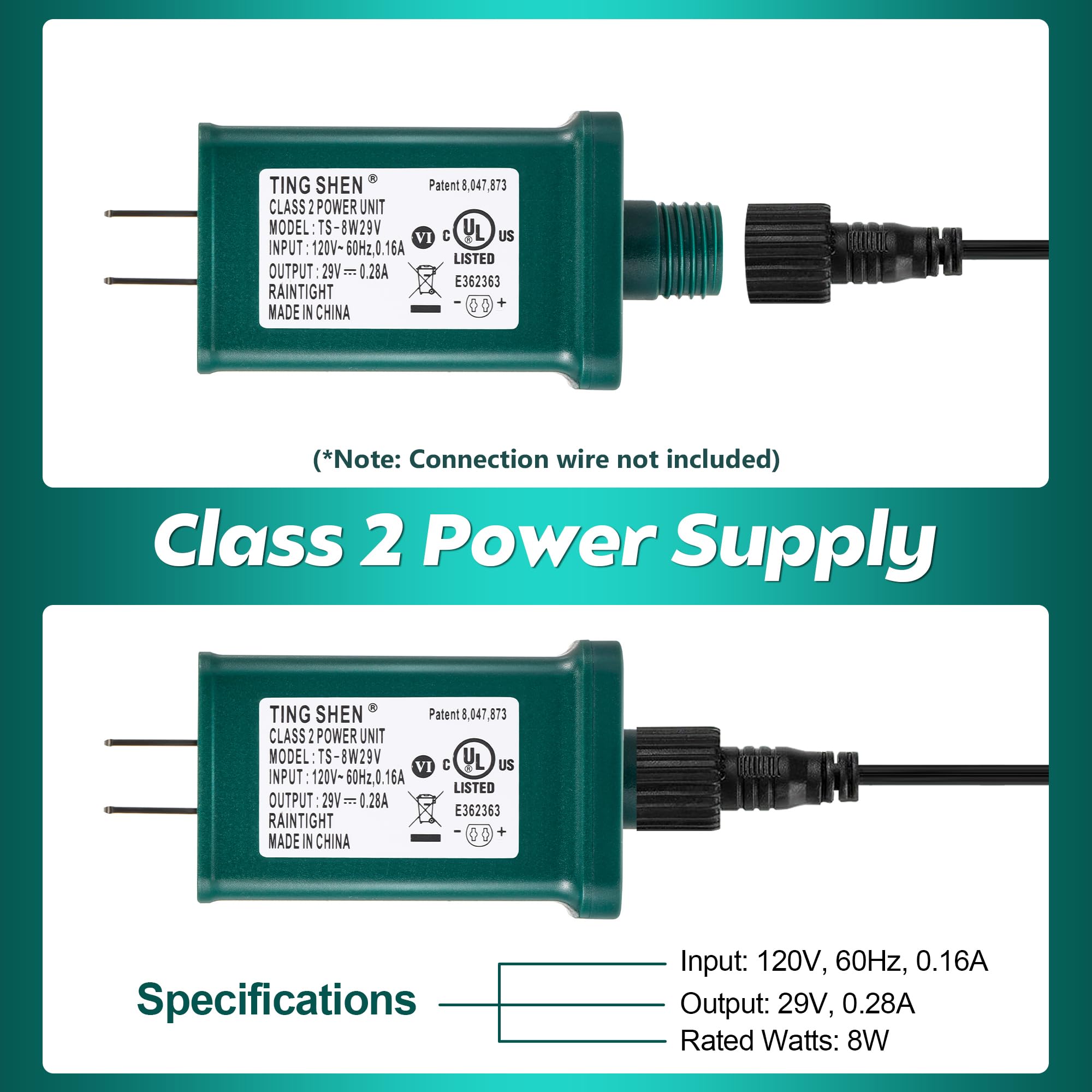 Enhon LED Power Supply TS-8W29V, UL Certified Low Voltage Transformer, Green US Plug Adapter for Christmas Tree Lights