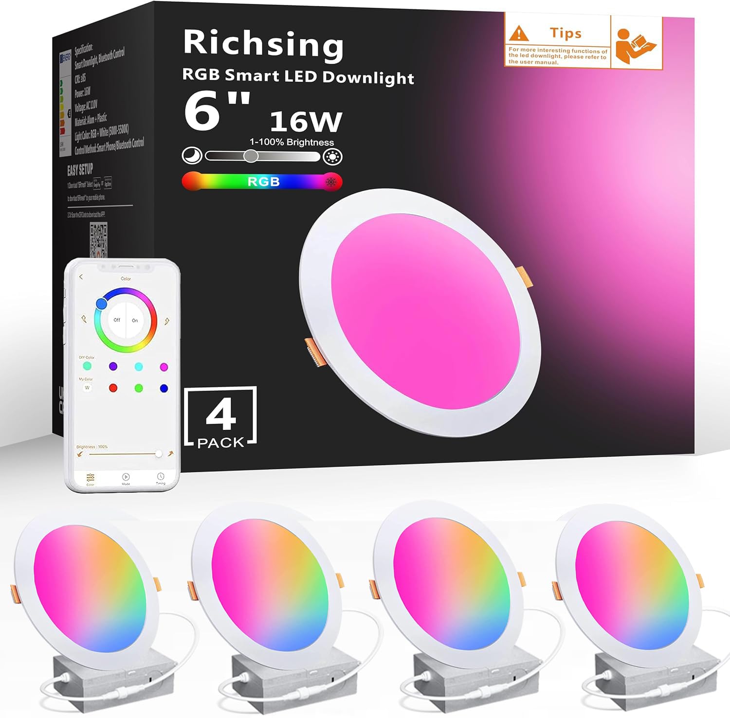 Richsing Smart Recessed Lighting 6 Inch Rgbw Color Changing 16W Led Recessed Lights With Junction Box Compatible With Alexa Bluetooth Connect Dimmable Recessed Ceiling Light, 4 Pack