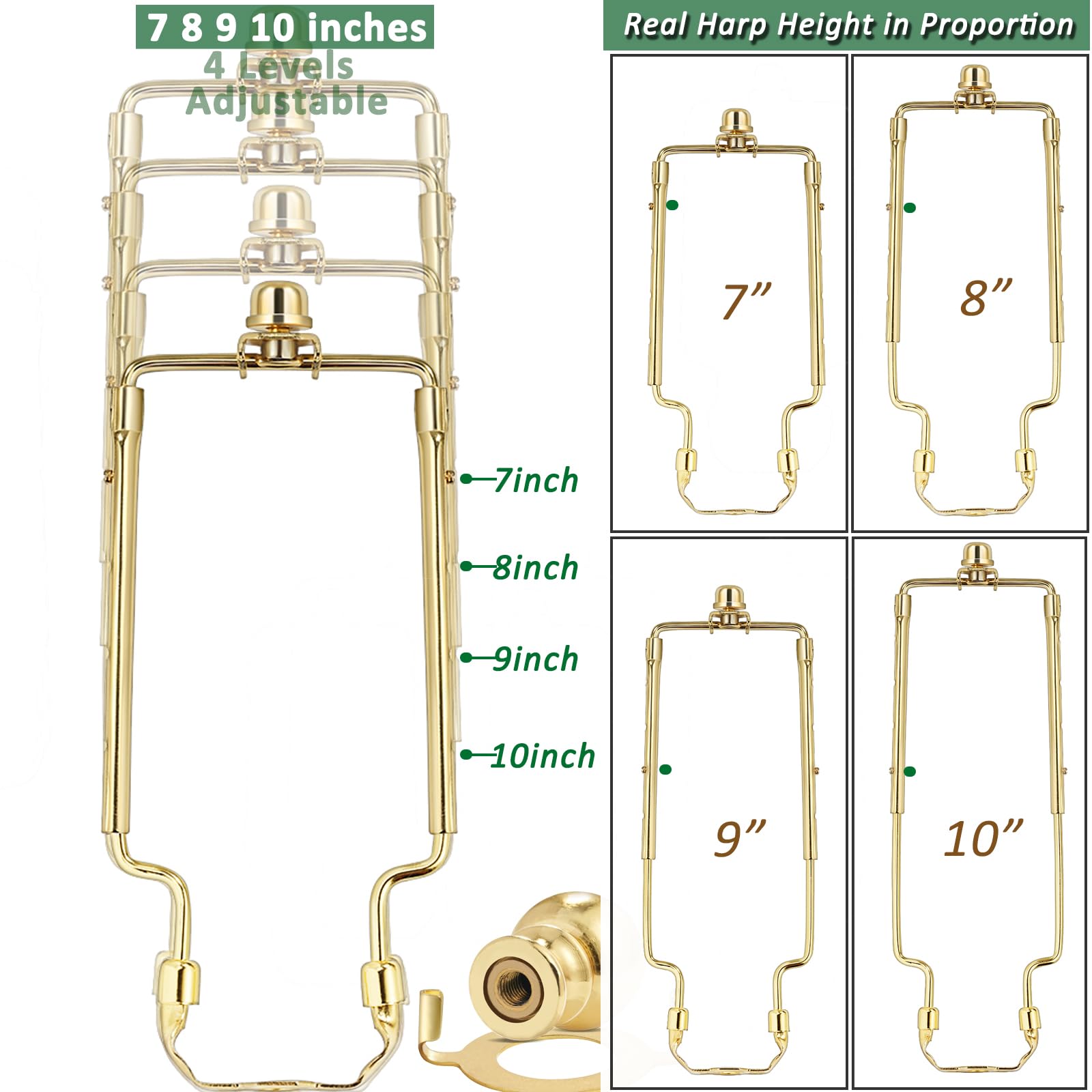 7 8 9 10 Inch Lamp Shade Harp Holder,Gold Lamp Harp Kit,Fit Both Standard Lamp Rod And E26 Light Base Uno Fitter Adapter,With 2