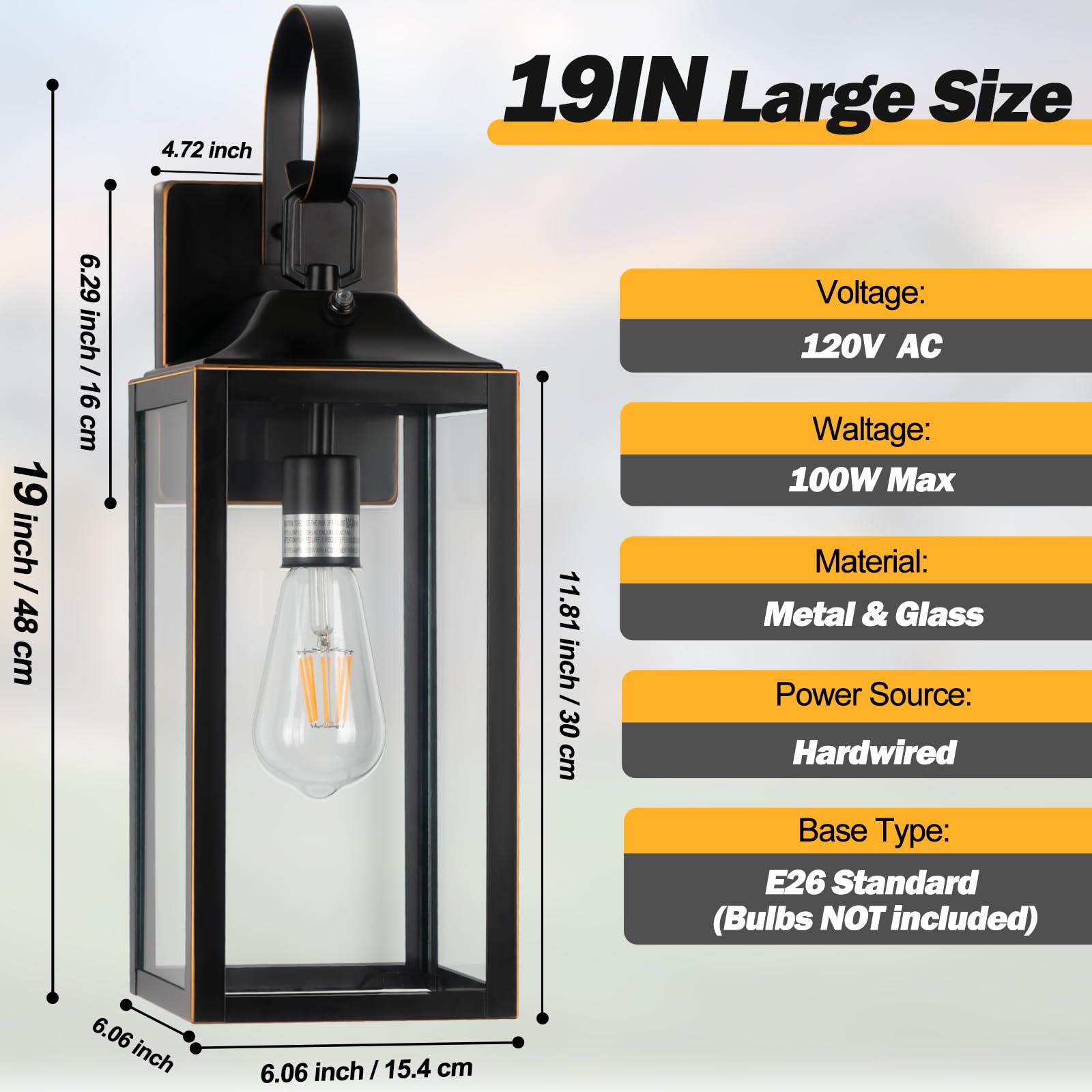 Yolsunes 19" Dusk to Dawn Outdoor Wall Lights - Black with Gold Trim, Metal, 2 Pack, Sensor Lighting for Porch & Garage
