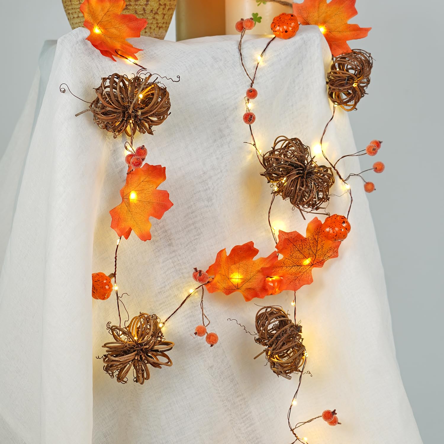 BOHON Rattan Pumpkin String Lights 6.6ft 60 LEDs Battery Operated Fairy Lights for Thanksgiving Autumn Decorations - Orange