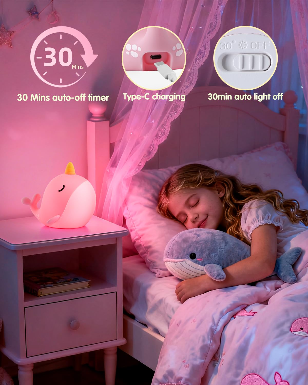 Fuloon Narwhal Night Light With Whale Shape  Squishy Silicone Kids Lamp  Safe & Soothing Touch Control For Kids And Babies  Usb-C Rechargeable  30-Min Auto Timer  Gift Idea (Pink)