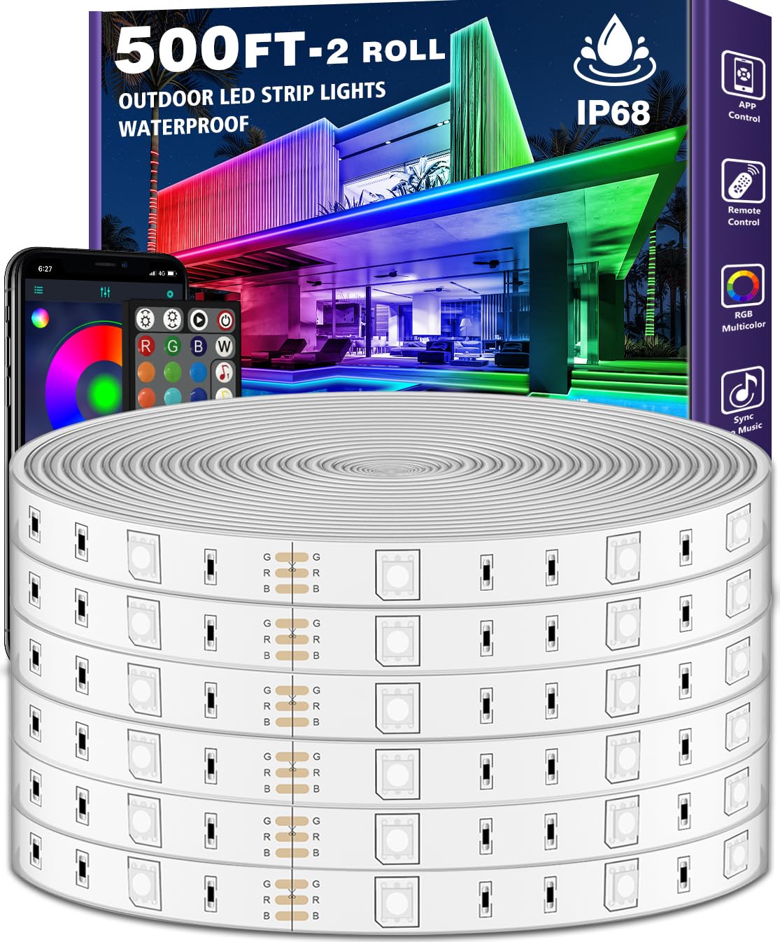 AILBTON Outdoor LED Strip Lights, 500ft, Waterproof IP68, Bluetooth Control, Music Sync, RGB for Balcony, Deck, Garden, Pool