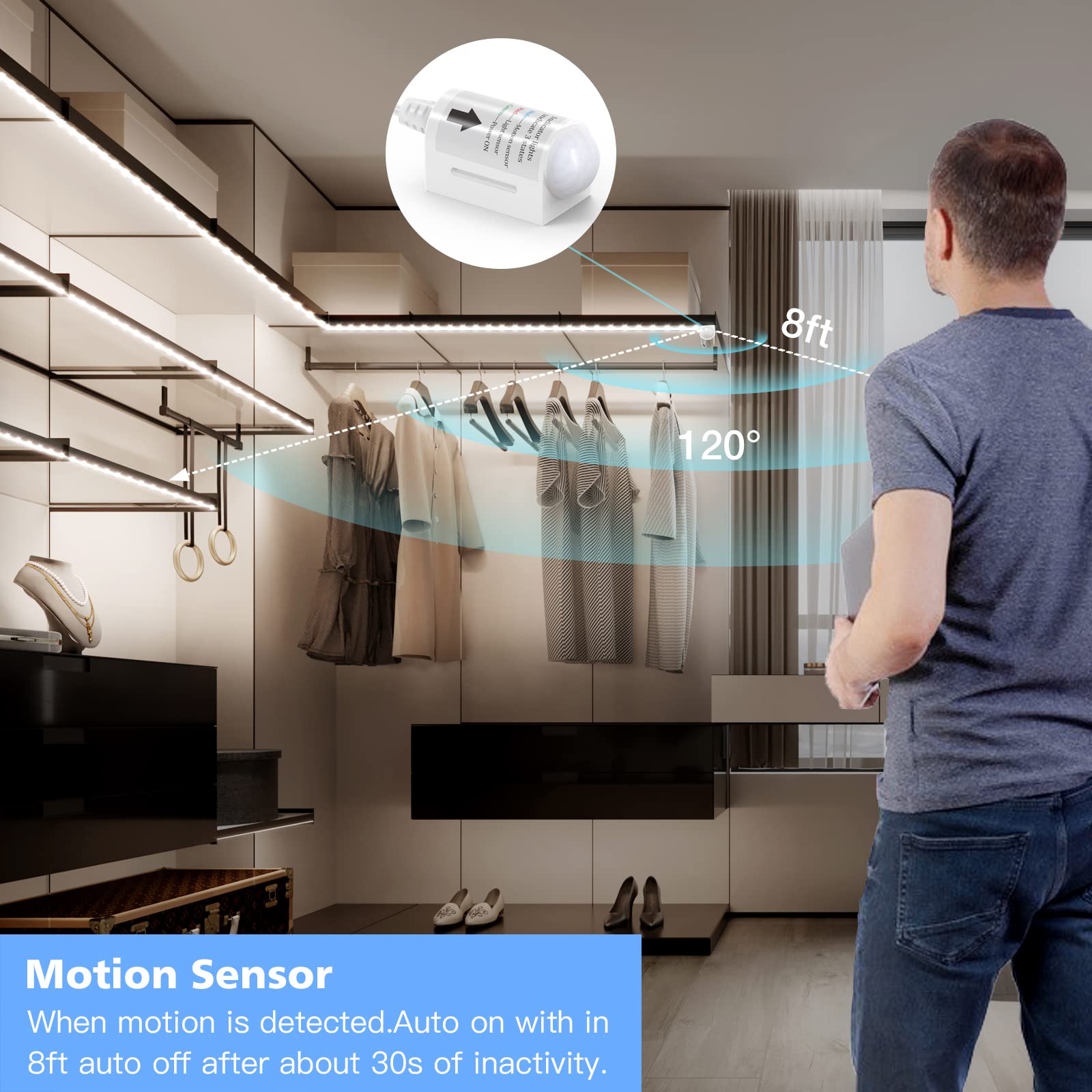 Wobane White Led Strip Light, 16.4Ft Motion Activated Light Strip With Remote And Adapter, Night Light, Dimmable, Pir Function,