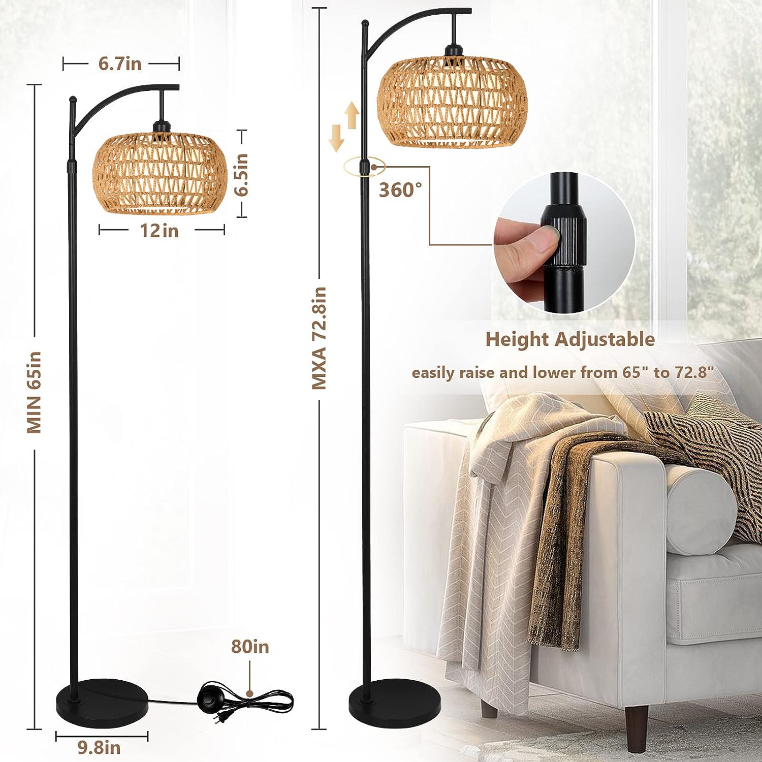 Arc Rattan Floor Lamp For Living Room With 3 Color Temperatures,Farmhouse Floor Lamps With Remote & Dimmable Bulb,Boho Standing