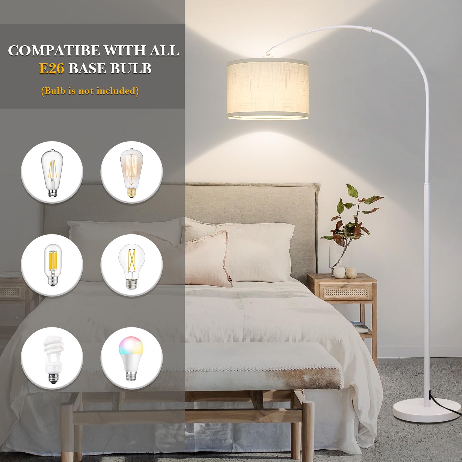 White Arc Floor Lamp, Modern Floor Lamp For Living Room With Adjustable Lamp Head, Tall Pole Standing Lamp With On/Off Pedal Swi