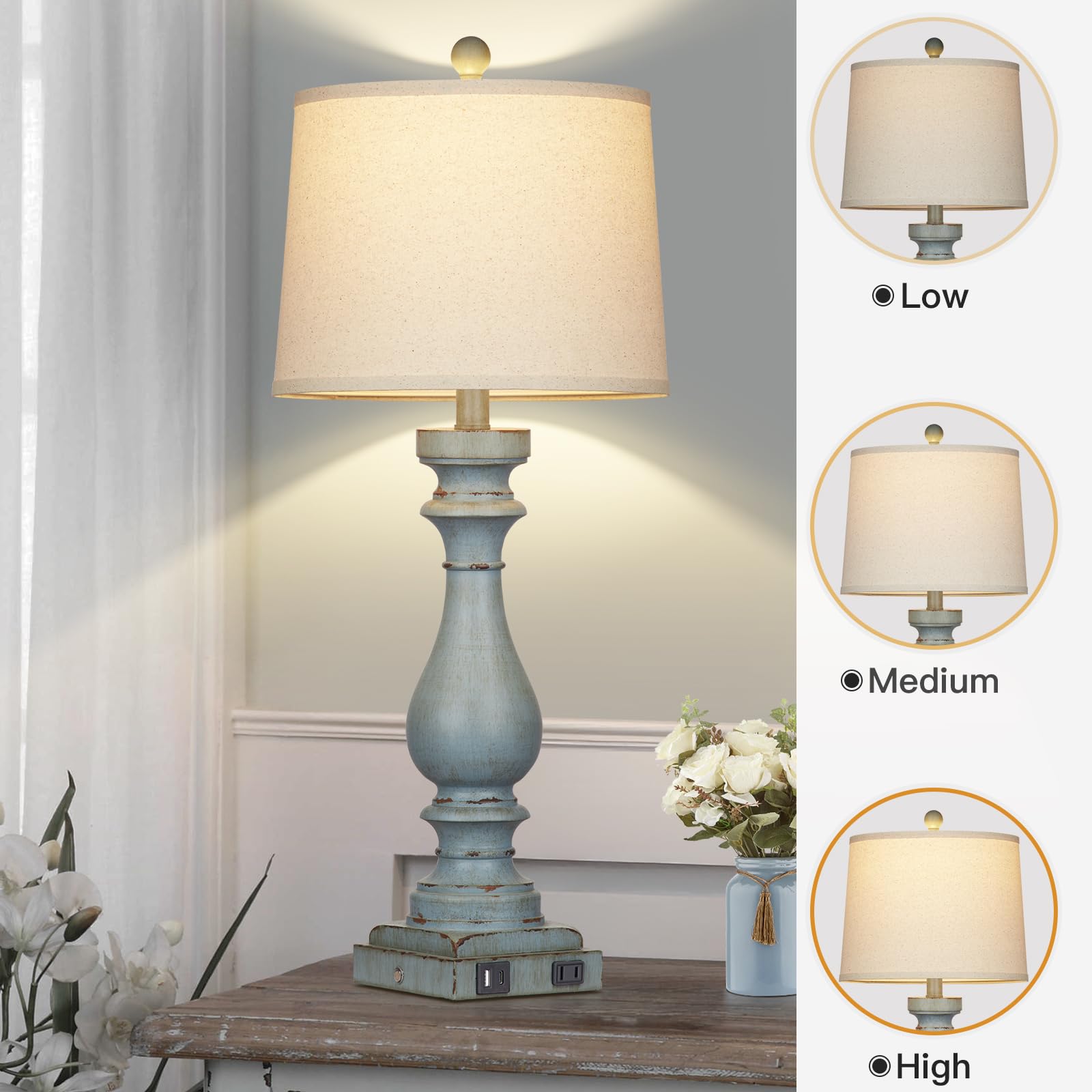Cinkeda 29" Tall Table Lamp Set of 2, Retro Blue, 3-Way Dimmable Touch, USB C+A Ports, AC Outlet, Model TD-CK-240