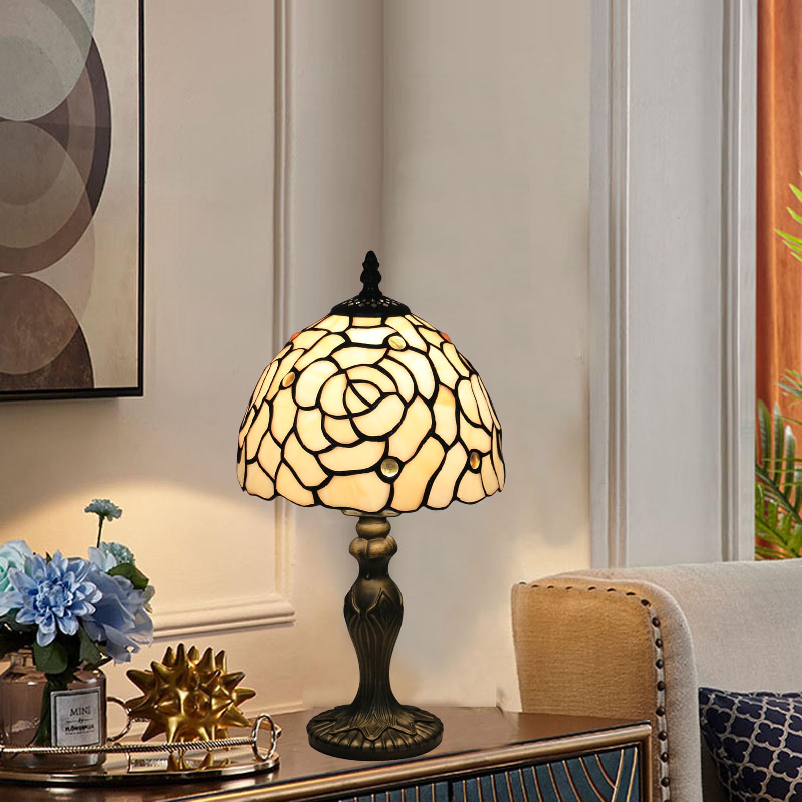 Tuomoxte Tiffany Style Small Table Lamp, 8X8X14.5 Inch Rose Stained Glass Lamp, Small Antique Side Table Lamps, Bedside Nightstand Lamp, For Bedroom Living Room Home Office,Led Bulb Include