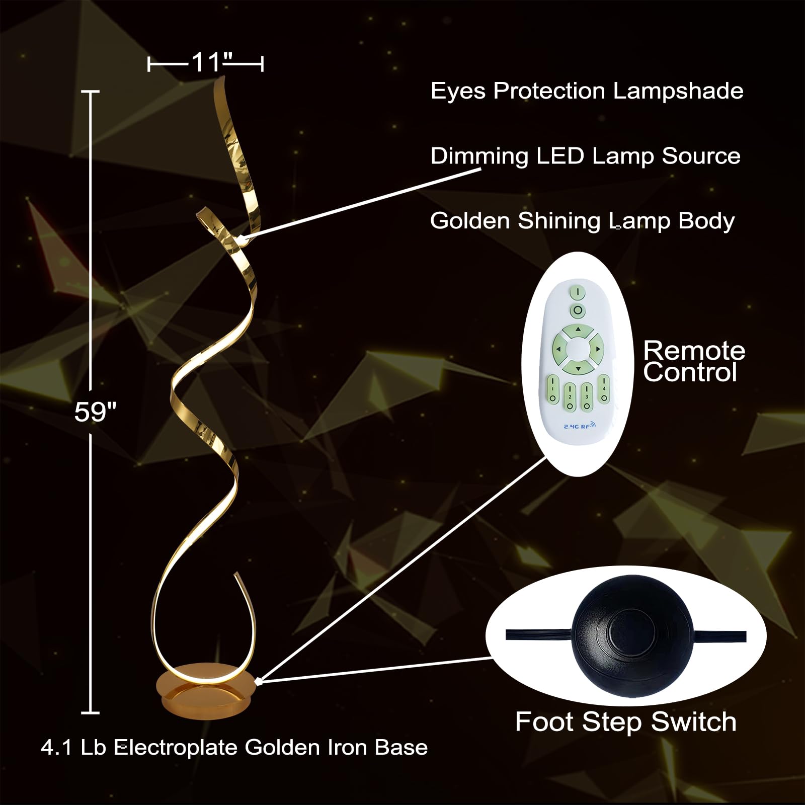 AooLiWang 3 Color Temperature LED Floor Lamp 60W 59in Gold Aluminum, Model ALW-FL, Remote Control for Living Room/Bedroom/Office