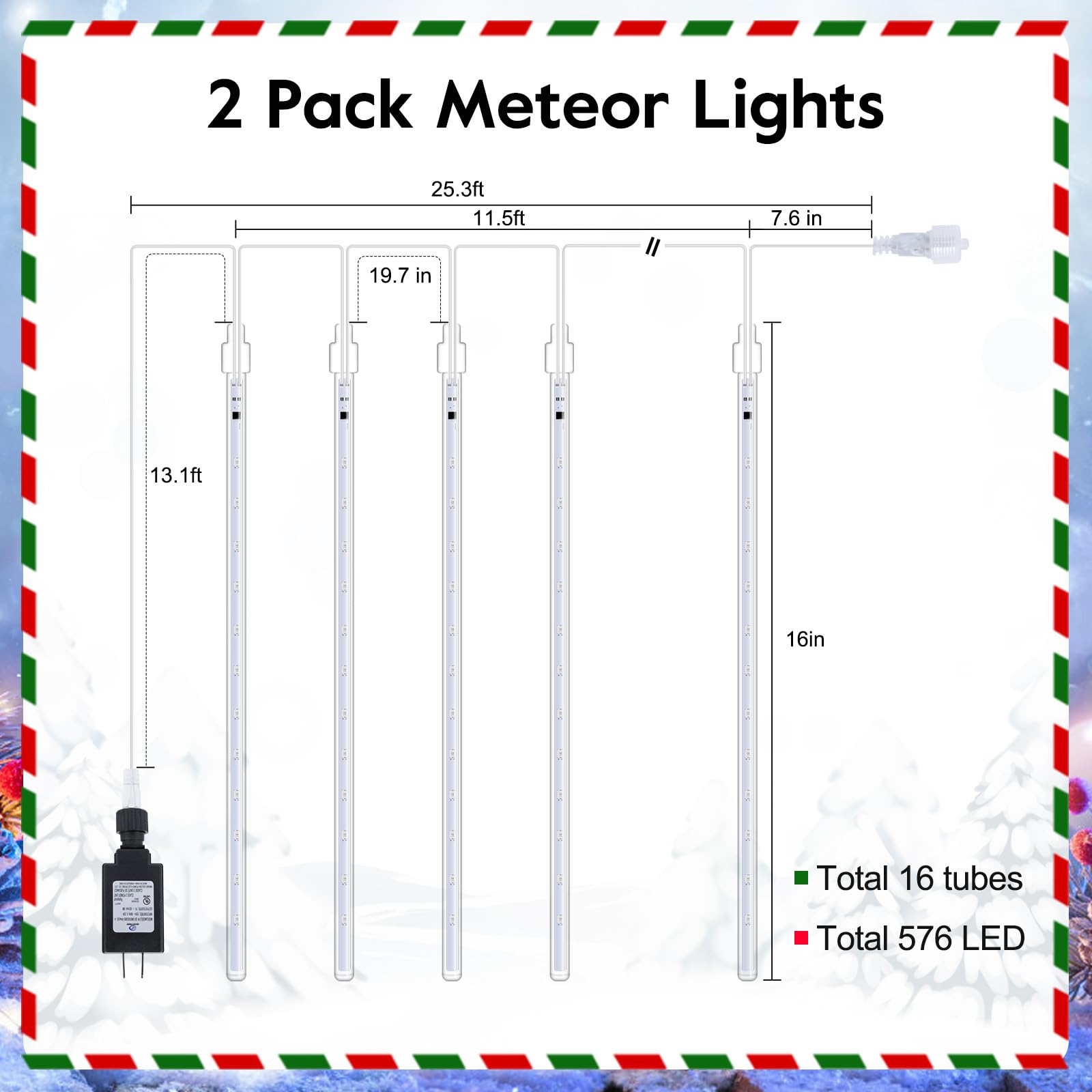 Meteor Shower Lights Outdoor, 16 Inches 2 Pack Total 16 Tubes 576 Led Christmas Icicle Lights Outdoor, Waterproof Snowfall Light