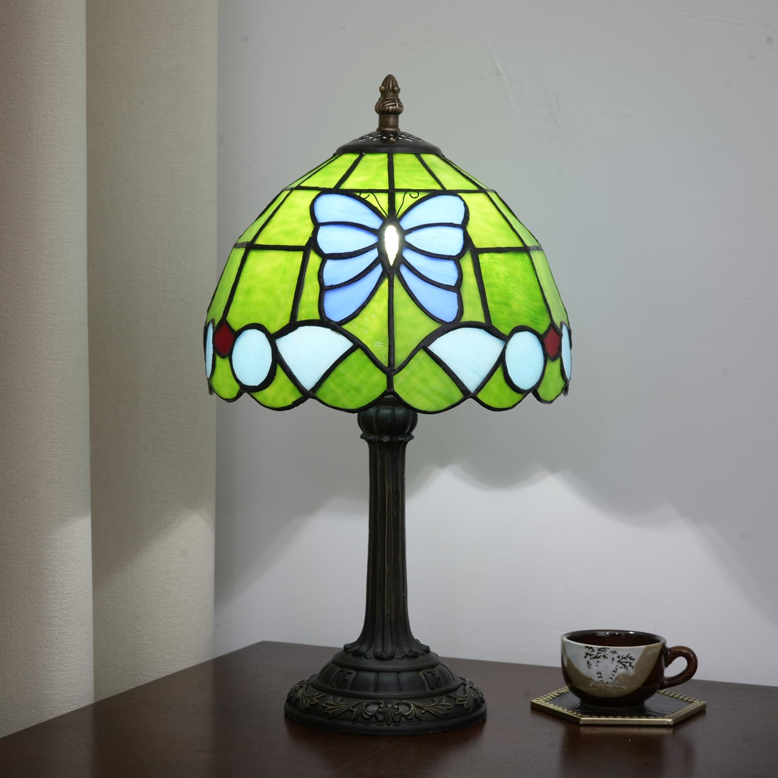 TIFLRIS Tiffany Stained Glass Table Lamp Green Butterfly Style 8inch Cute and Unique Bedside Table lamp, Living Room Dining Room
