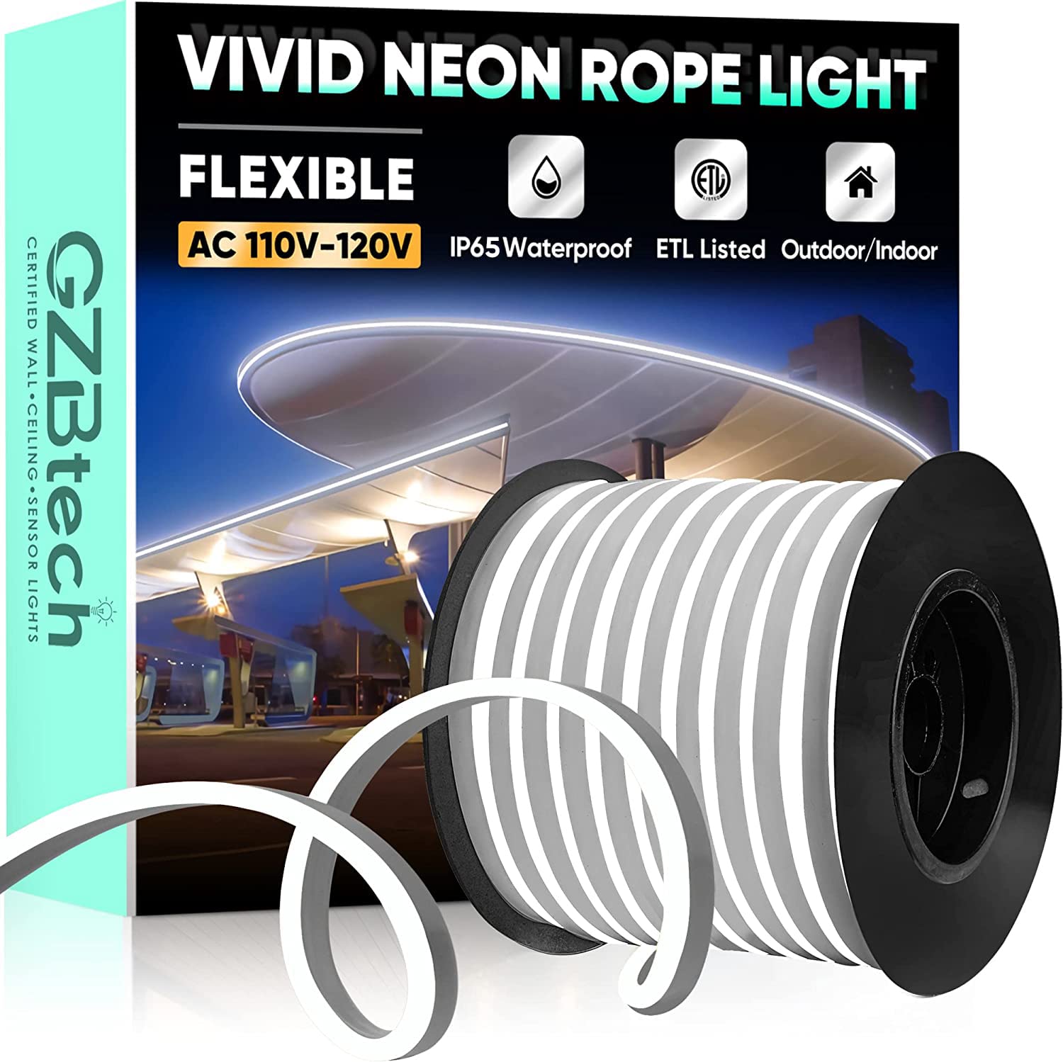 Gzbtech Flexible Led Neon Rope Lights 100Ft Ac 110-120V Waterproof Strip Light  120 Leds/M Cuttable Connectable Neon Lighting For Indoor Outdoor Home Decor/Commercial Building Use-Cold White 30M