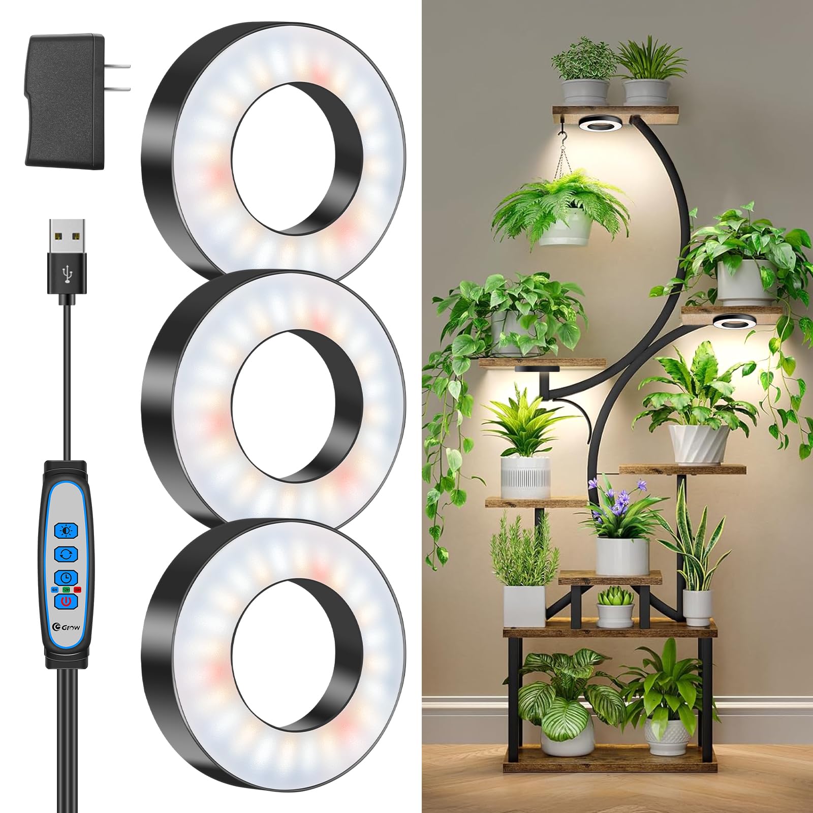 Wiaxulay LED Grow Light for Indoor Plants, 144 LEDs, 5V/3A, Tri Head 3.5in, Auto Timer, 3 Modes, Black, Model BL