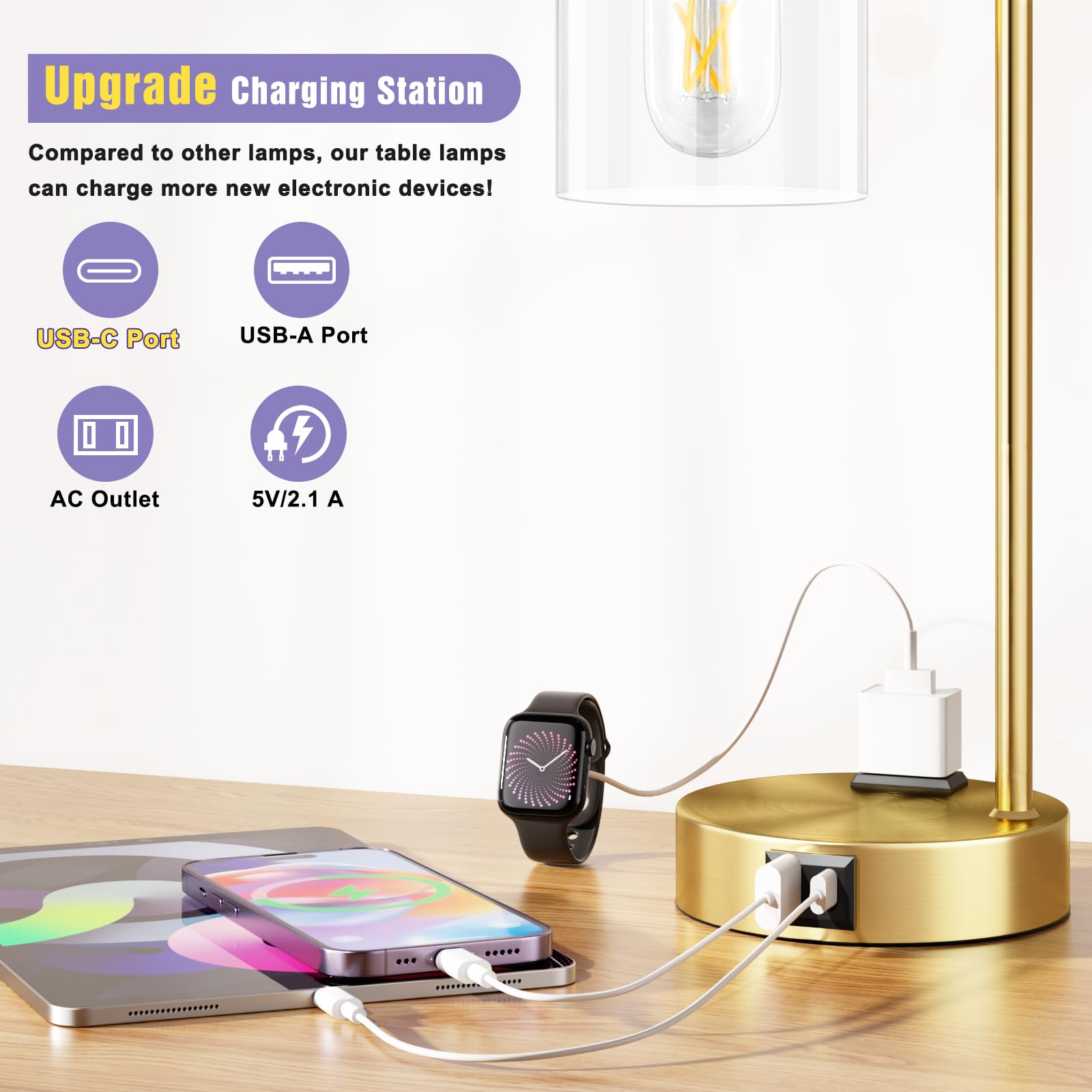 Innqoo Industrial Gold Table Lamps For Bedrooms Set Of 2-3-Way Dimmable Desk Lamp With Usb C+A Ports And Outlet, Gold Lamps With Clear Glass Shade For Living Room, Desk Lamps For Home Office