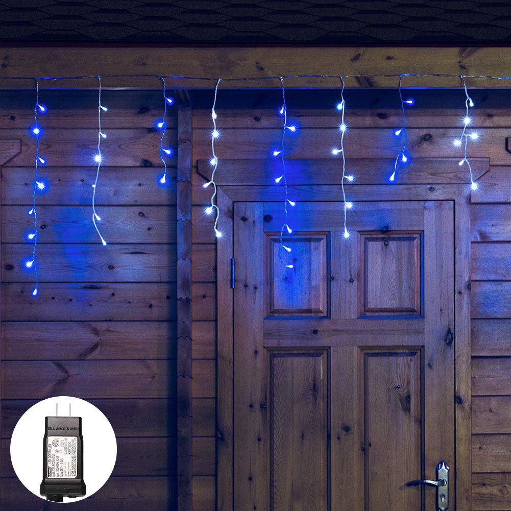 Qunlight 300L Led Icicle Lights, Blue+White Window Curtain Lights,8 Modes With 30V Plug In For Wedding, Party, Bedroom, Home, Garden, Outdoor, Indoor Wall,Christmas Decorations,Connectable(Blue+White)