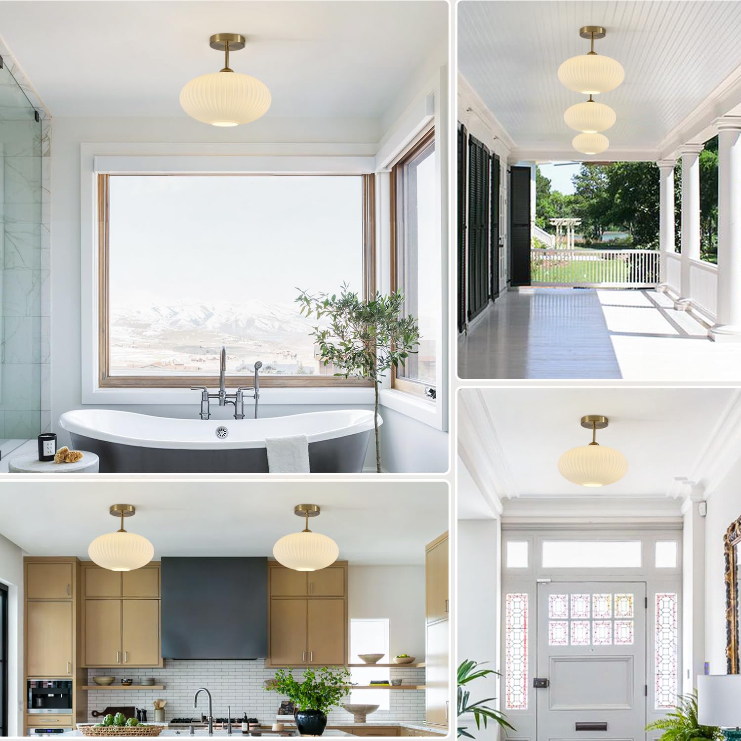 Flyrose Modern Gold Semi Flush Mount Ceiling Light Large Ribbed Glass Semi Flush Mount Ceiling Light White Ceiling Light Brass Ceiling Light Fixtures