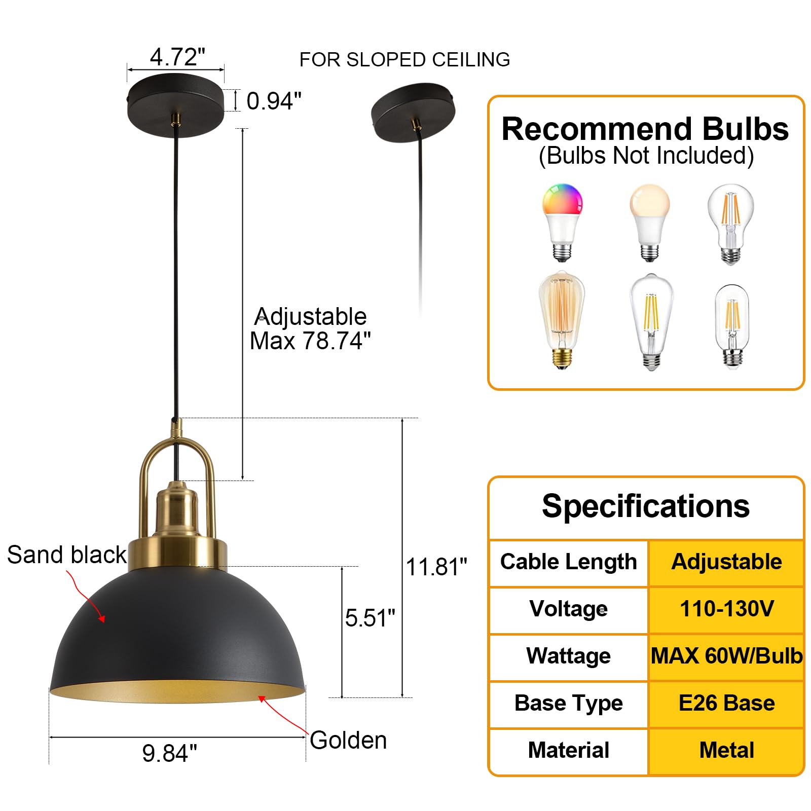 YHANFENGCY Vintage Pendant Light 9.84" Black & Gold, Brass Socket, 78.74" Line, Ideal for Kitchen Island, Dining Room, Bedroom, Model A290-