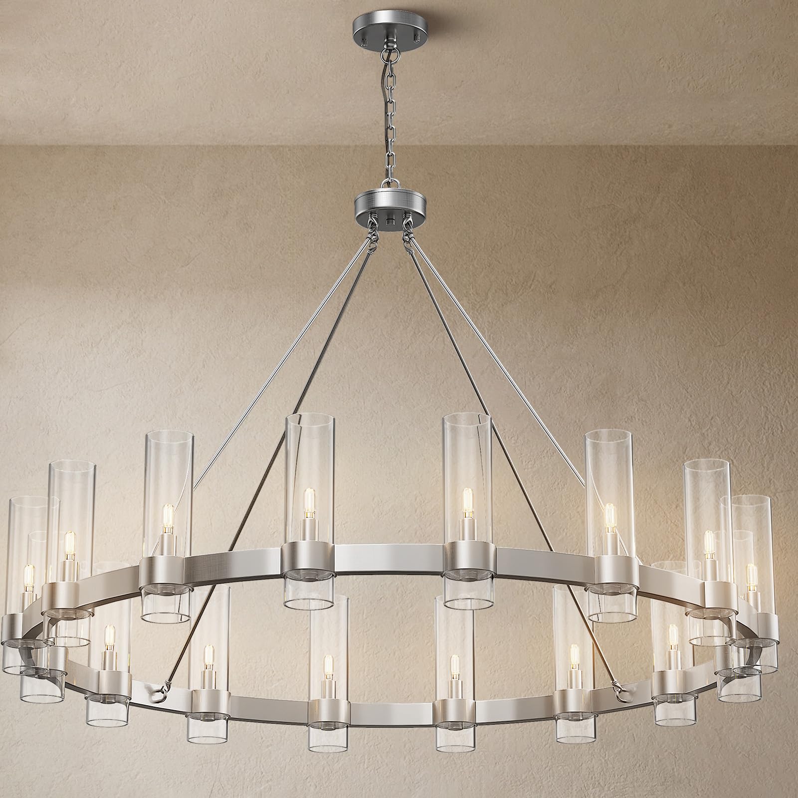YIOSI Modern Chandelier,Wagon 16-Lights Wheel Chandelier with Glass Shade, Nickel 48 Inch Large Round Industrial High Ceilings P