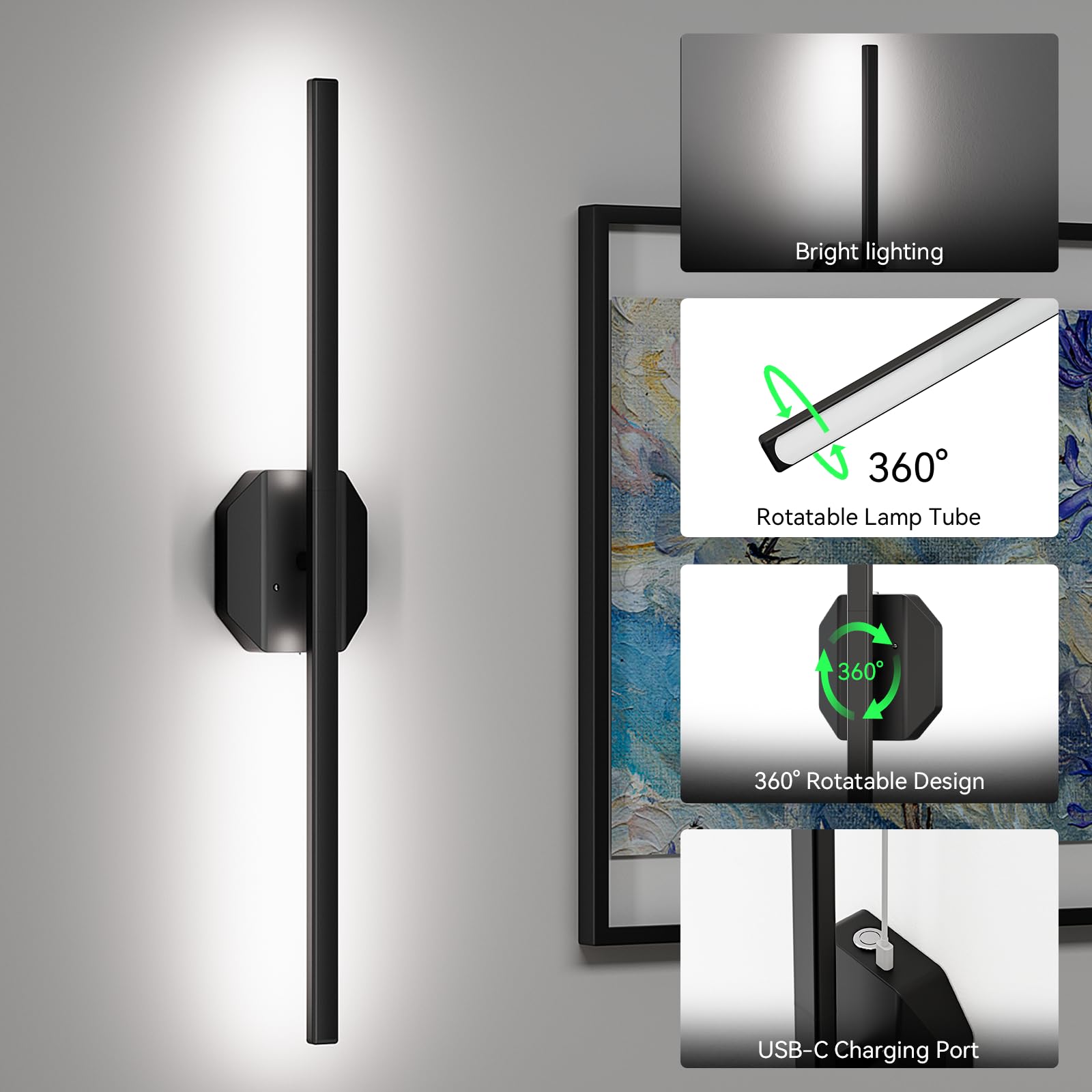 hunhun Battery Operated Wall Sconce Set of 2, USB Rechargeable, Dimmable 3000K-6000K, 28 inch, Black, Model BD730